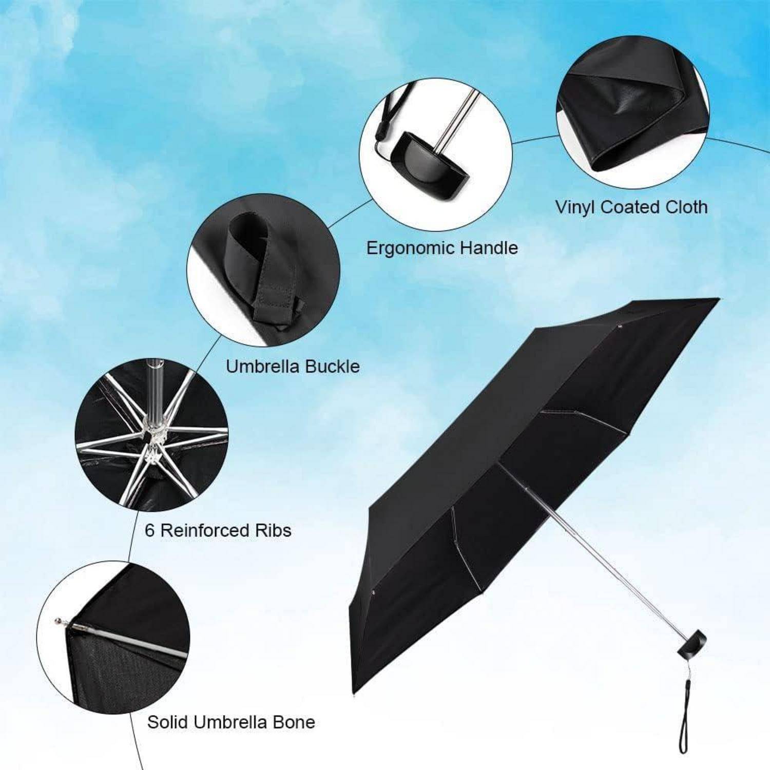 Diagramm eines schwarzen Regenschirms mit den wichtigsten Merkmalen: vinyl-beschichtetes Tuch, ergonomischer Griff, Schirmbügel, 6 verstärkte Rippen und solider Schirmschaft.