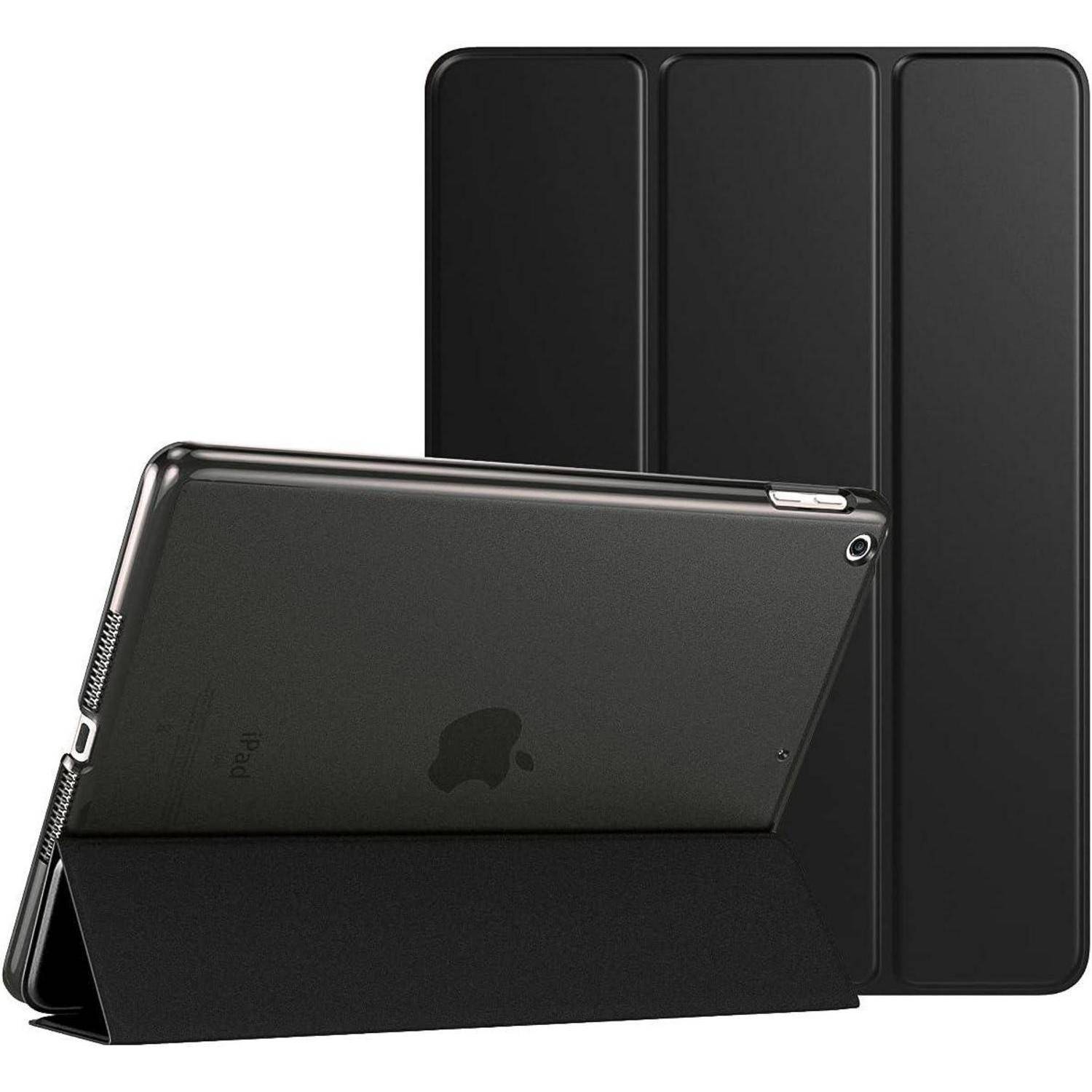 Schwarze Tablet-Schutzhülle in Vorder- und Rückansicht, mit einer klappbaren Ständerabdeckung, die das Tablet in einem Winkel stützt.