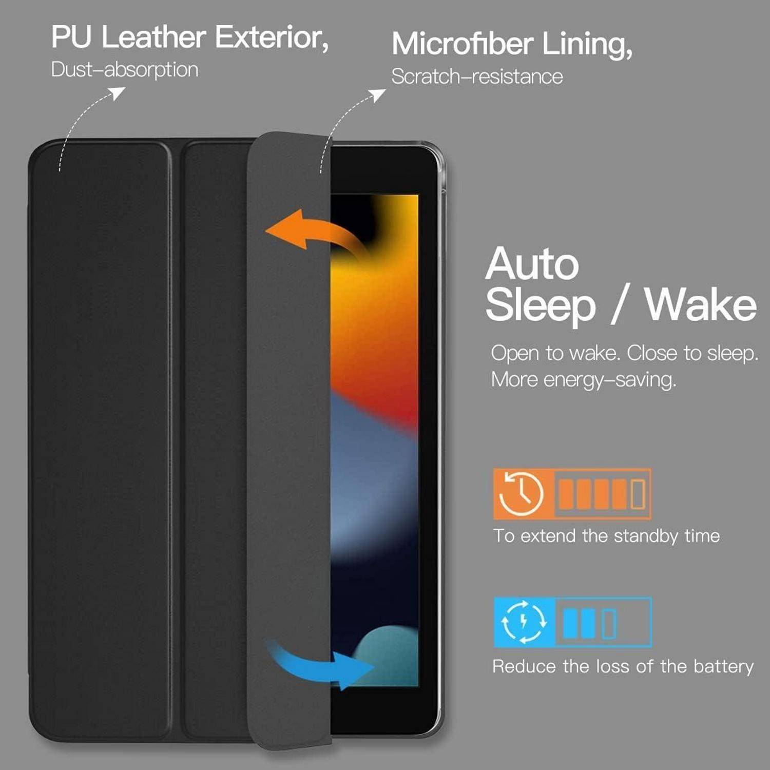 Smartphone-Folio-Schutzhülle mit Kunstlederaußenseite und Microfaser-Innenfutter; Auto-Sleep/Wake-Funktion spart Energie und reduziert den Batterieverlust.