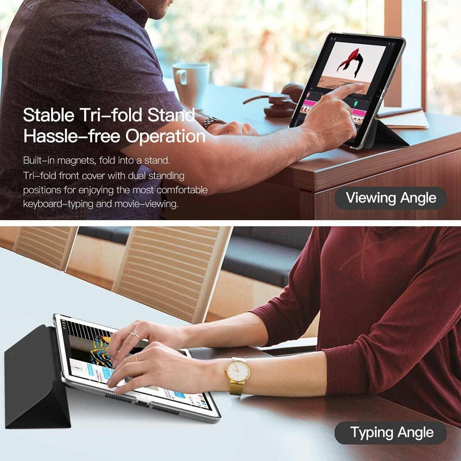 Werbebild einer Tablet-Hülle, die zu einem stabilen dreieckigen Ständer gefaltet ist und Betrachtungs- und Schreibwinkel für freihändige Nutzung ermöglicht.