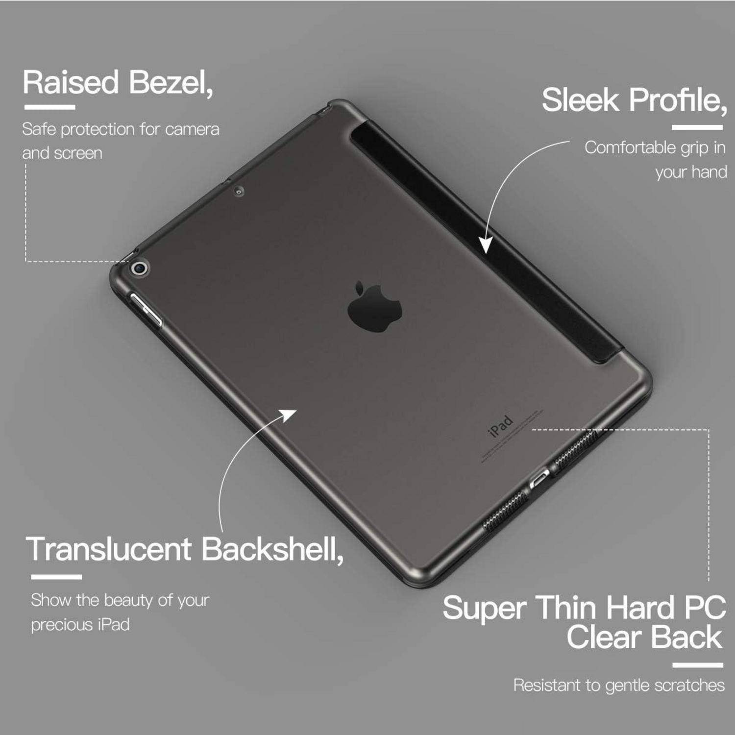 Produktbild einer transparenten harten PC-iPad-Schutzhülle auf einem Tablet, die einen erhöhten Rand, ein elegantes Profil, eine durchsichtige Rückschale und Kratzfestigkeit hervorhebt.