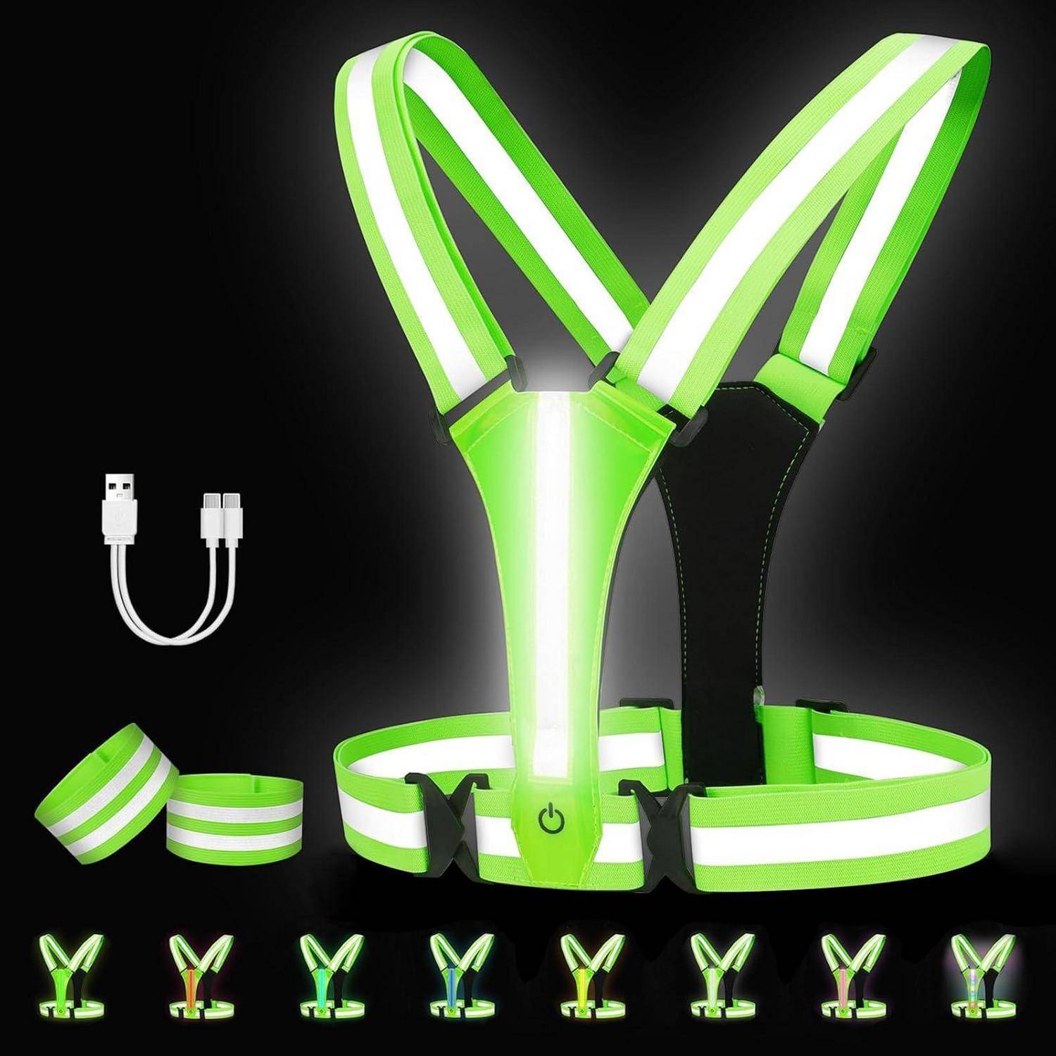 Neongrüner reflektierender LED-Sicherheitsgurt mit USB-Ladekabel, dargestellt mit verstellbaren Riemen und mehreren Lichtmodusbeispielen.
