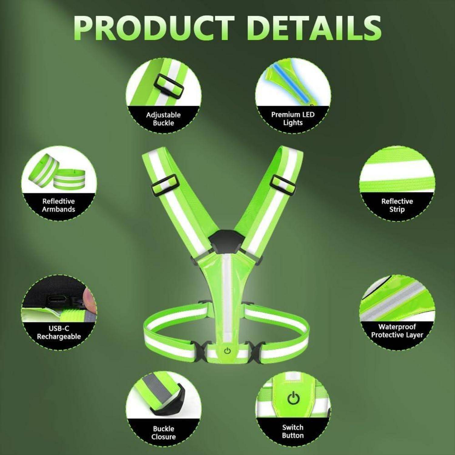 Infografik eines neongrünen reflektierenden Sicherheitsgurts mit Beschriftungen für verstellbare Schnalle, Premium-LED-Leuchten, reflektierende Armbänder und Streifen, USB-C-Aufladung, wasserdichte Schutzschicht, Schnallenverschluss und Schaltertaste.