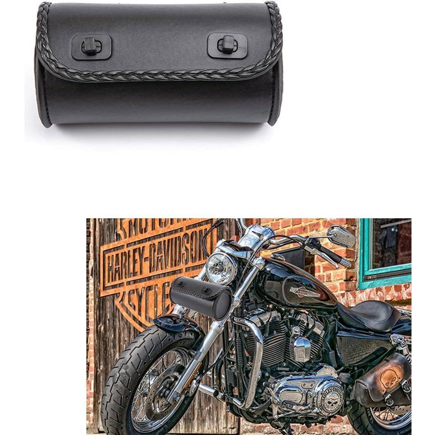 Schwarze Leder-Motorrad-Lenkerrohr-Werkzeugtasche, oben abgebildet, auf einem Cruiser-Motorrad mit der Tasche, die an der vorderen Gabel montiert ist.