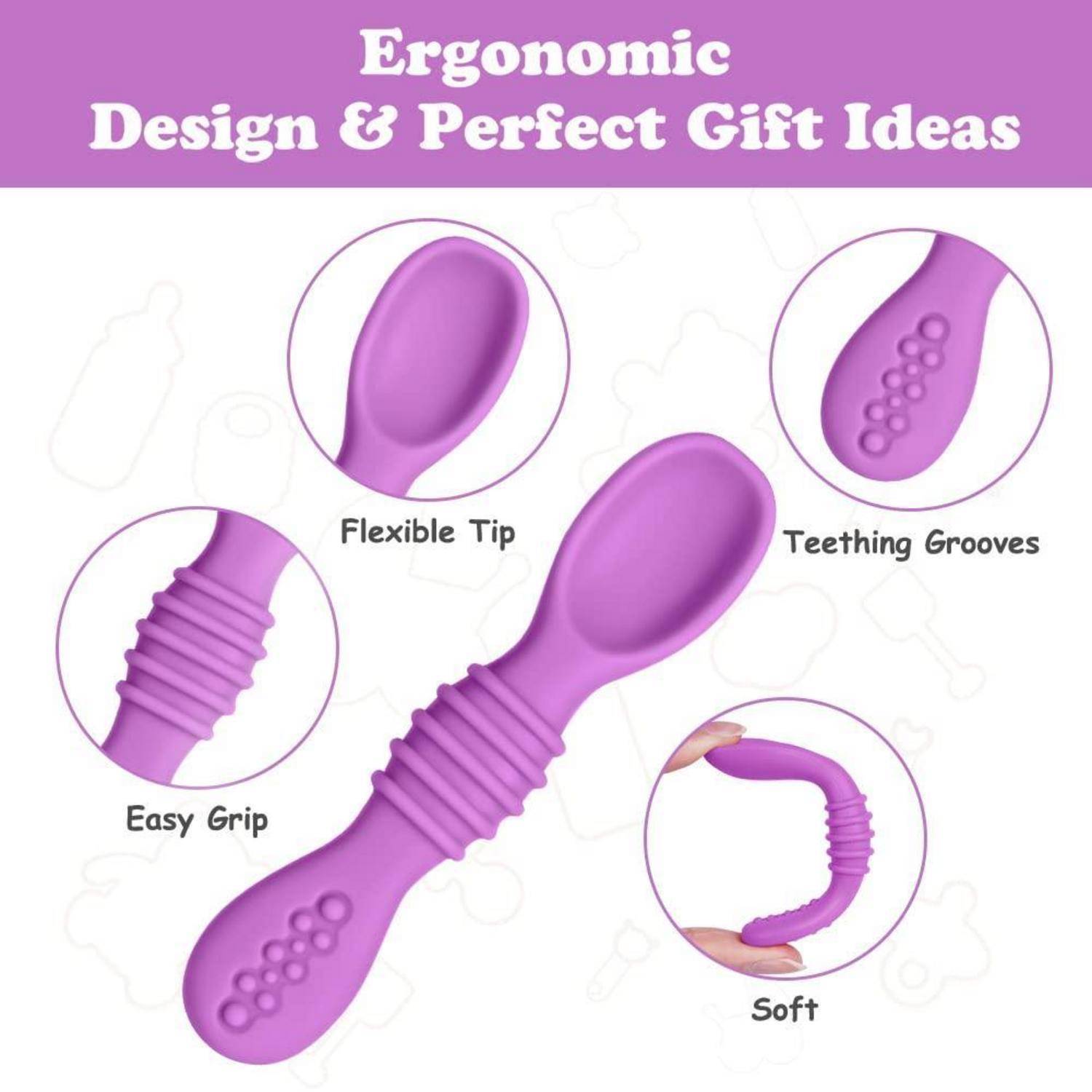 Lila ergonomische Zahnbürste für Babys mit flexibler Spitze, leichtem Griff, Zahngel-Rillen und weichem Griff, gezeigt mit Funktionsleisten und dem Text „Ergonomisches Design & Perfekte Geschenkideen