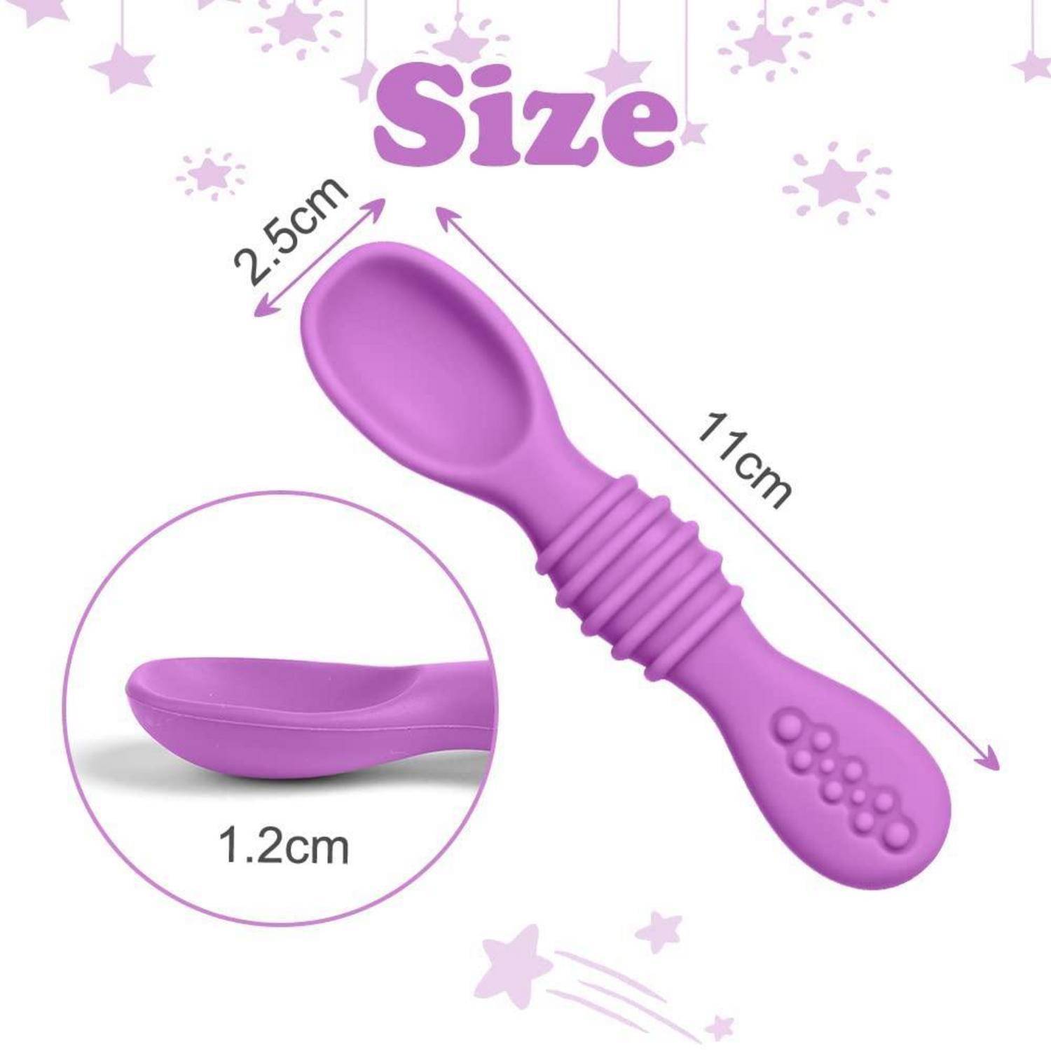 Abbildung eines violetten Löffels mit Größenangaben: 11 cm lang, 2,5 cm breit und 1,2 cm tief.