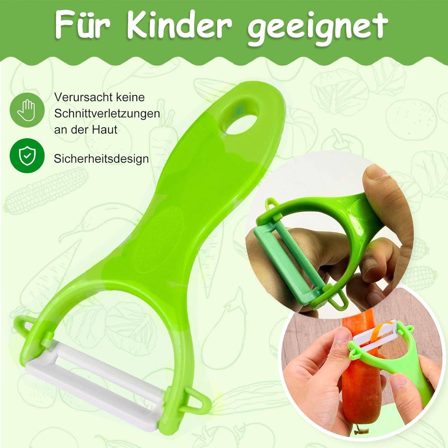 Kindersicherer grüner Gemüseschäler mit Sicherheitsdesign; Text sagt „Für Kinder geeignet" und „Verursacht keine Schnittverletzungen an der Haut"".