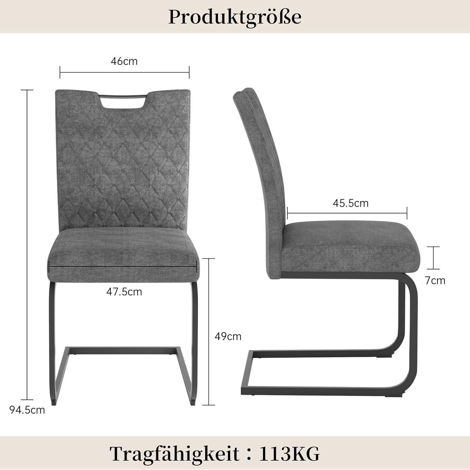 Größendiagramm eines Stuhls mit Vorder- und Seitenansicht mit Abmessungen: 94,5 cm Höhe, 47,5 cm Breite, 45,5 cm Tiefe, 49 cm Sitzhöhe; Tragfähigkeit 113 kg.