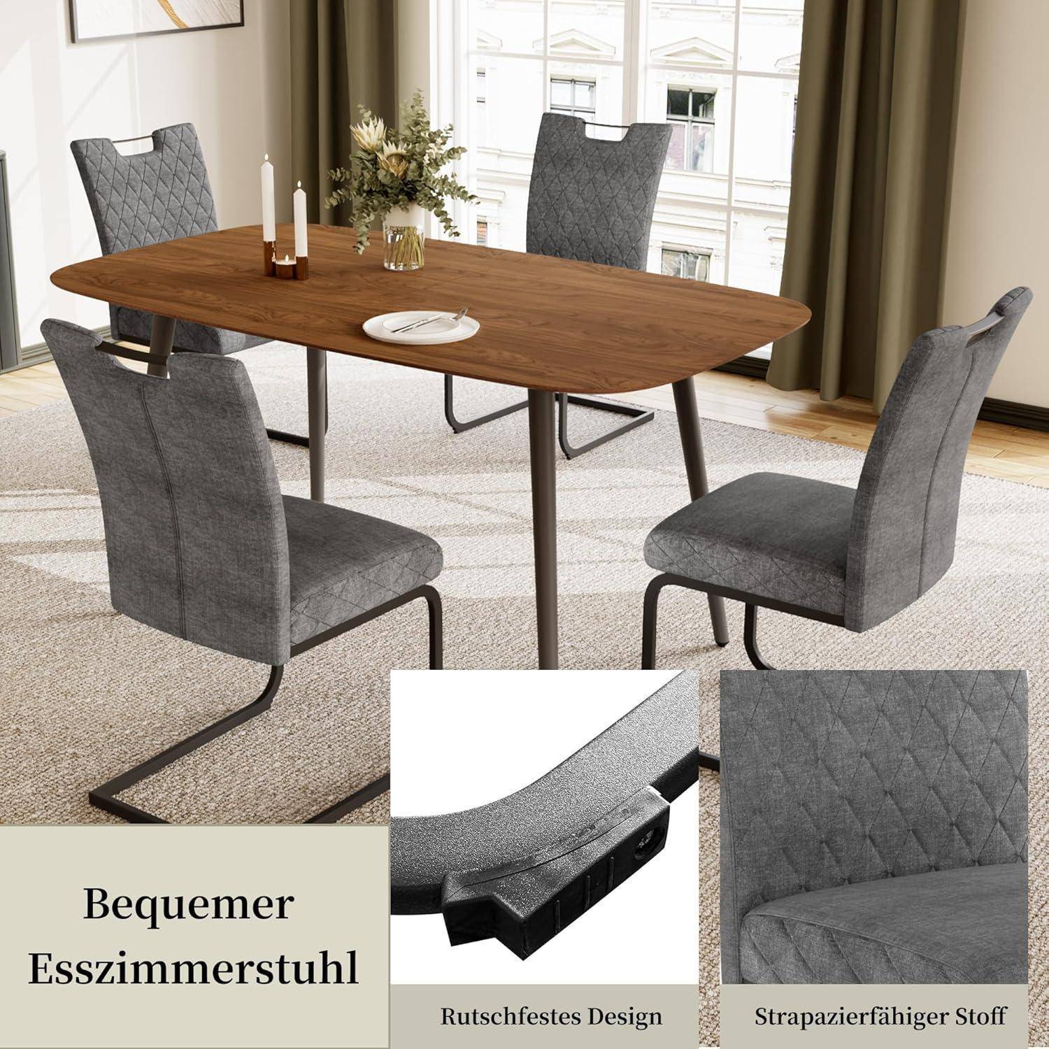Esszimmer-Set mit vier grau gepolsterten Stühlen um einen Holztisch, in einem hellen Raum gezeigt; eingefügte Hinweise heben die rutschfeste Konstruktion und den strapazierfähigen Stoff hervor.