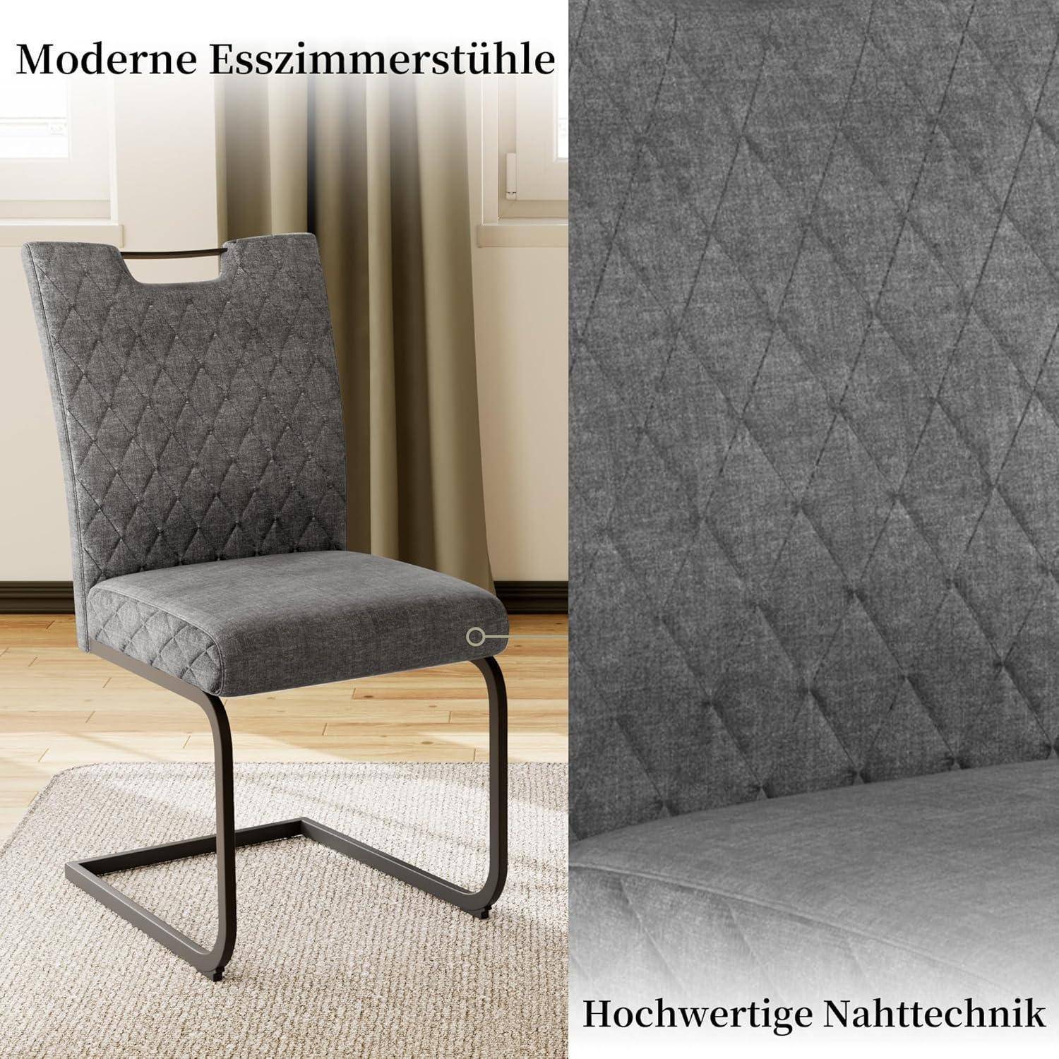 Grauer gepolsterter moderner Esszimmerstuhl mit schwarzem Metallkufengestell in einem Zimmer gezeigt; Nahaufnahme zeigt gesteppte Rautenmuster-Rückenlehne und Sitzfläche.