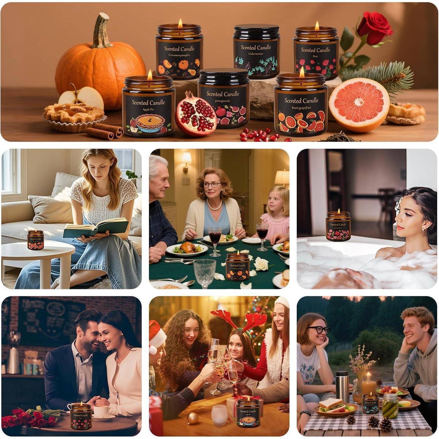 Collage von Bildern duftender Kerzen: herbstliche Kerzen mit Früchten obenauf und Lifestyle-Szenen von Menschen, die lesen, speisen, baden und mit Kerzen feiern.