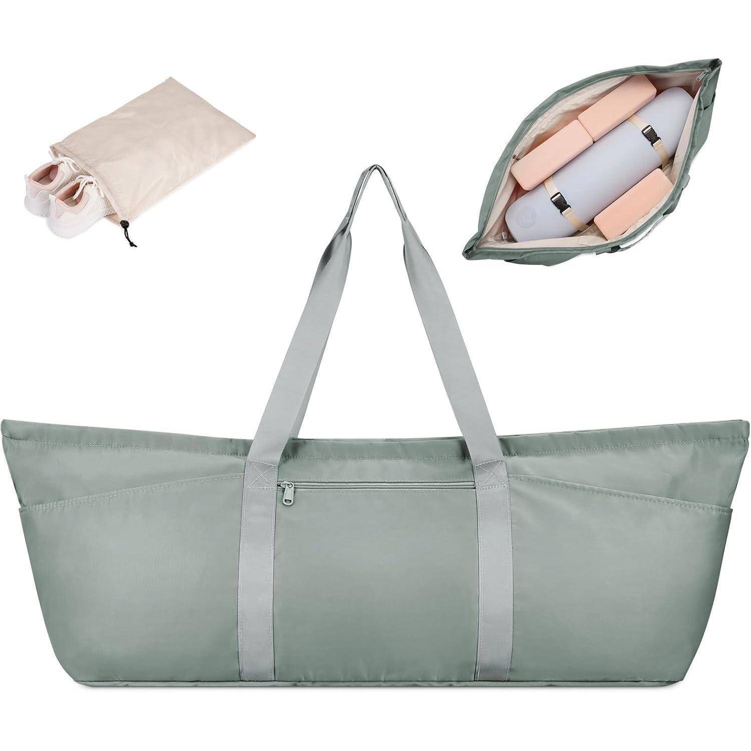 Große graue Tote Bag mit langen Griffen, gezeigt mit einem Kordelzugbeutel und einer Draufsicht der Tasche, die zusammengefaltete Gegenstände und eine Wasserflasche enthält.