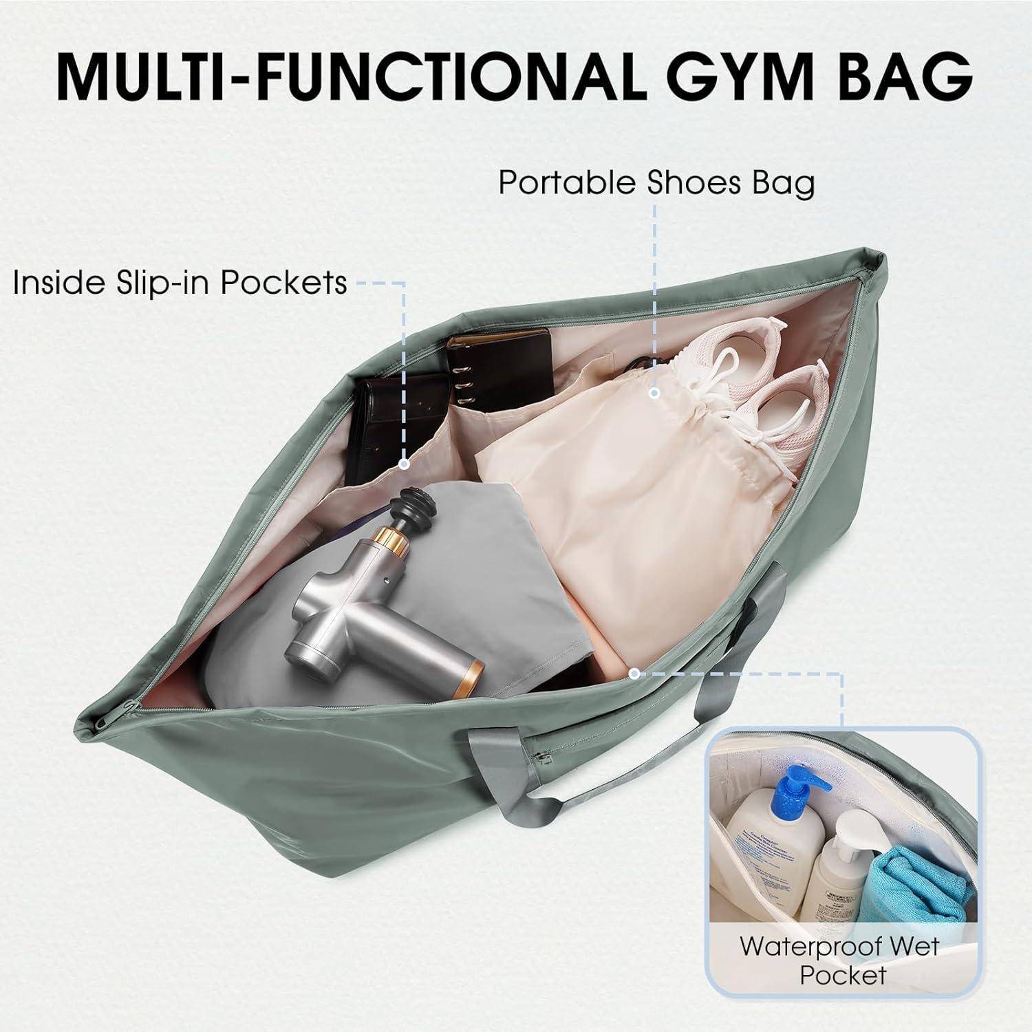 Werbebild einer multifunktionalen Sporttasche, das innenliegende Einstecktaschen, eine tragbare Schuhtasche und ein wasserdichtes Nassfach für Toilettenartikel zeigt.