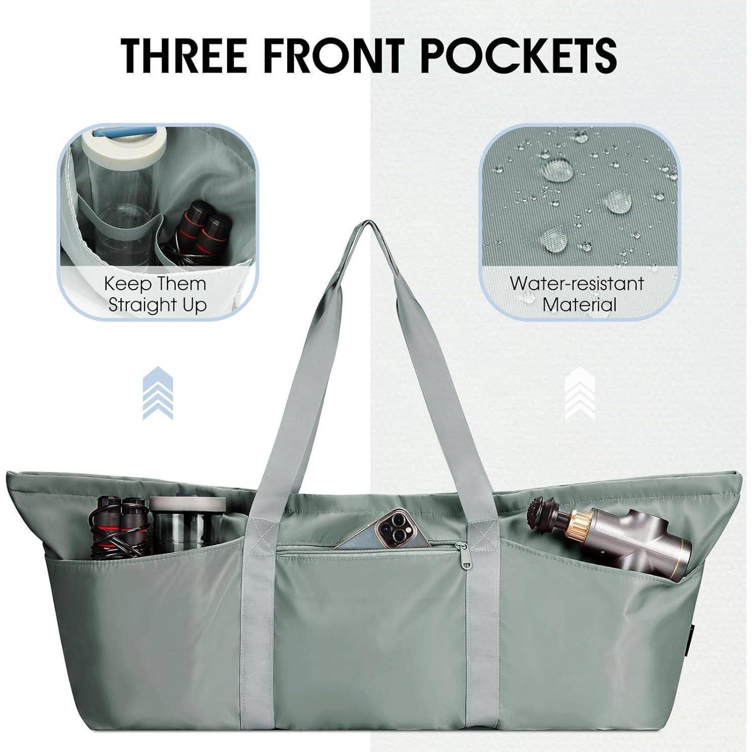 Graue Tragetasche mit drei vorderen Taschen, abgebildet mit Flaschen und gekennzeichnet mit wasserfestem Material; Text sagt „DREI VORDERE TASCHEN" und „Halten Sie sie aufrecht"".