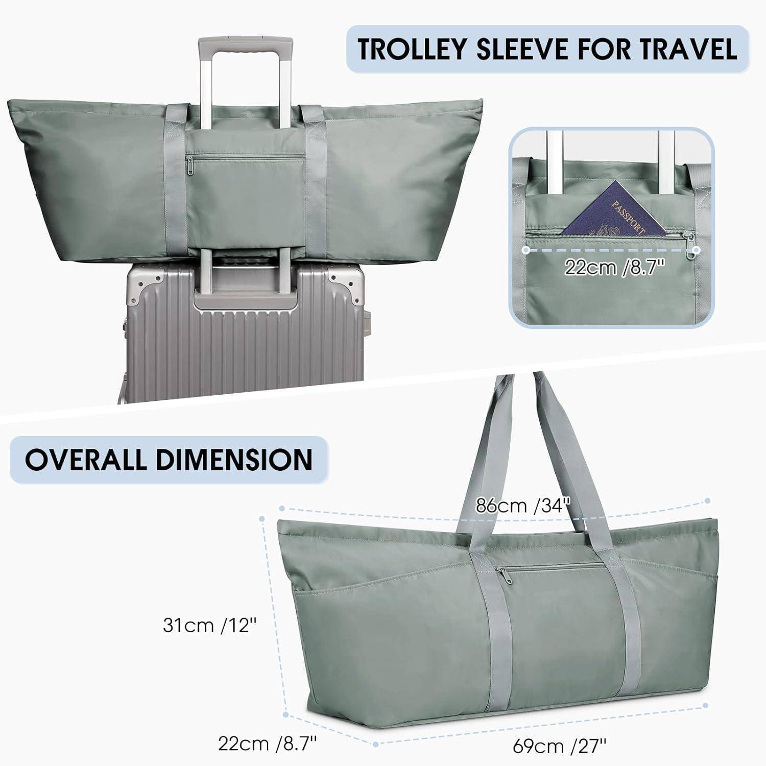 Reisetasche mit Trolleyschleife und angegebenen Abmessungen; passt über den Gepäckgriff, verfügt über eine Taschenöffnung von 22 cm und Gesamtgröße von 69 x 31 x 22 cm.