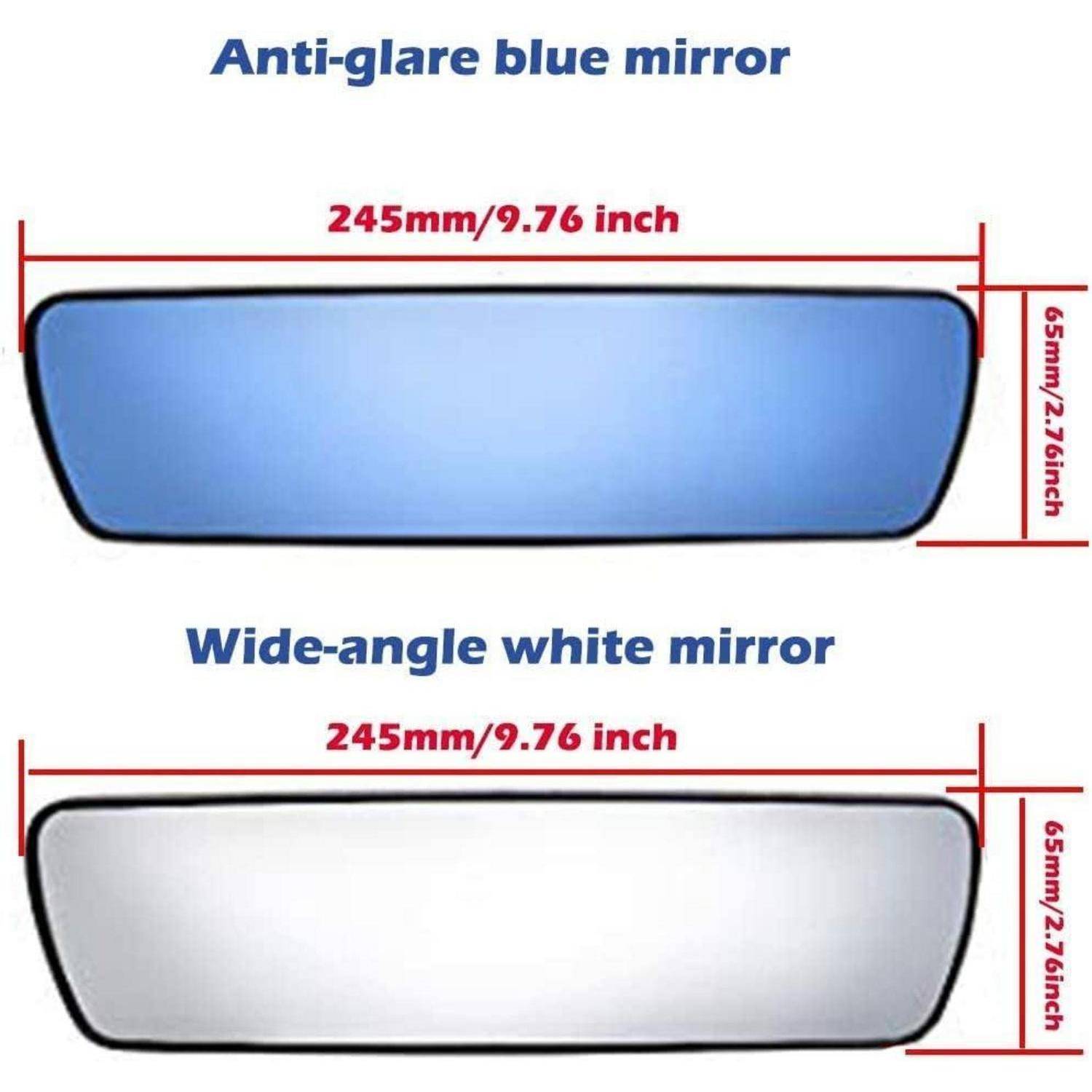 Vergleichsbild von zwei rechteckigen Spiegeln: blauem Blendschutzspieg und weißem Weitwinkelspieg, beide 245 mm breit und 65 mm hoch.