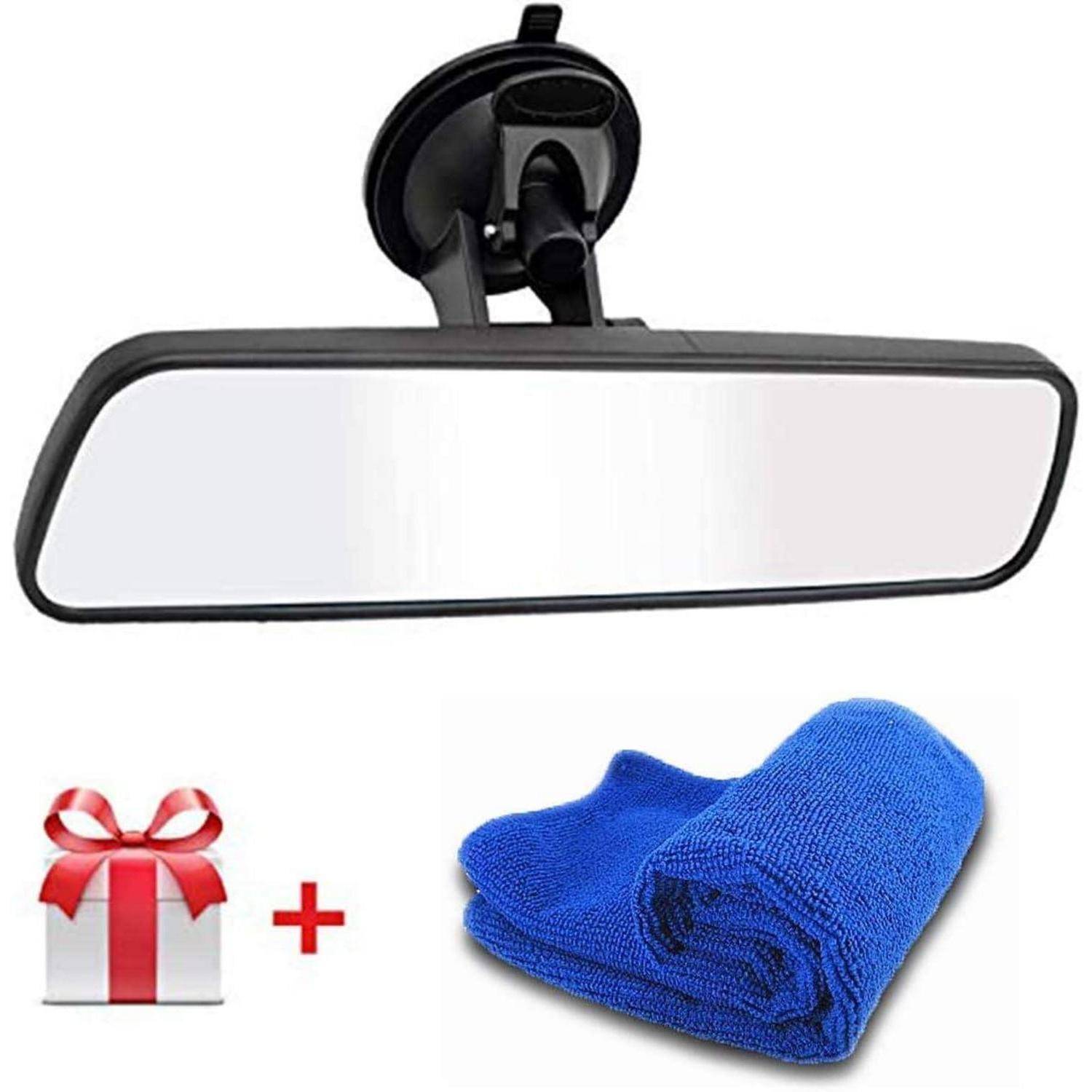 Rückspiegelzubehör für Autos, dargestellt mit einem roten Geschenksymbol und einem gefalteten blauen Reinigungstuch, was auf ein gebündeltes Produktpaket hindeutet.