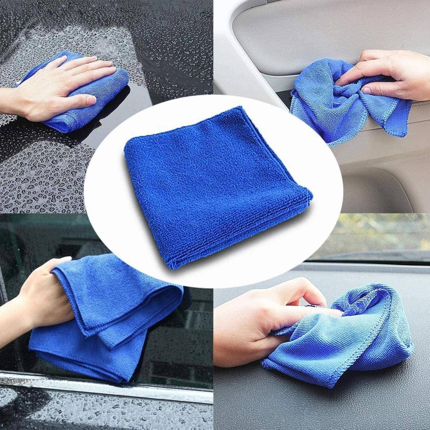 Blaues Mikrofaser-Reinigungstuch, das zum Abwischen von Glas, Autoinnenraum und Armaturenbrett verwendet wird, mit einem gefalteten Tuch in der Mitte als Produkt.