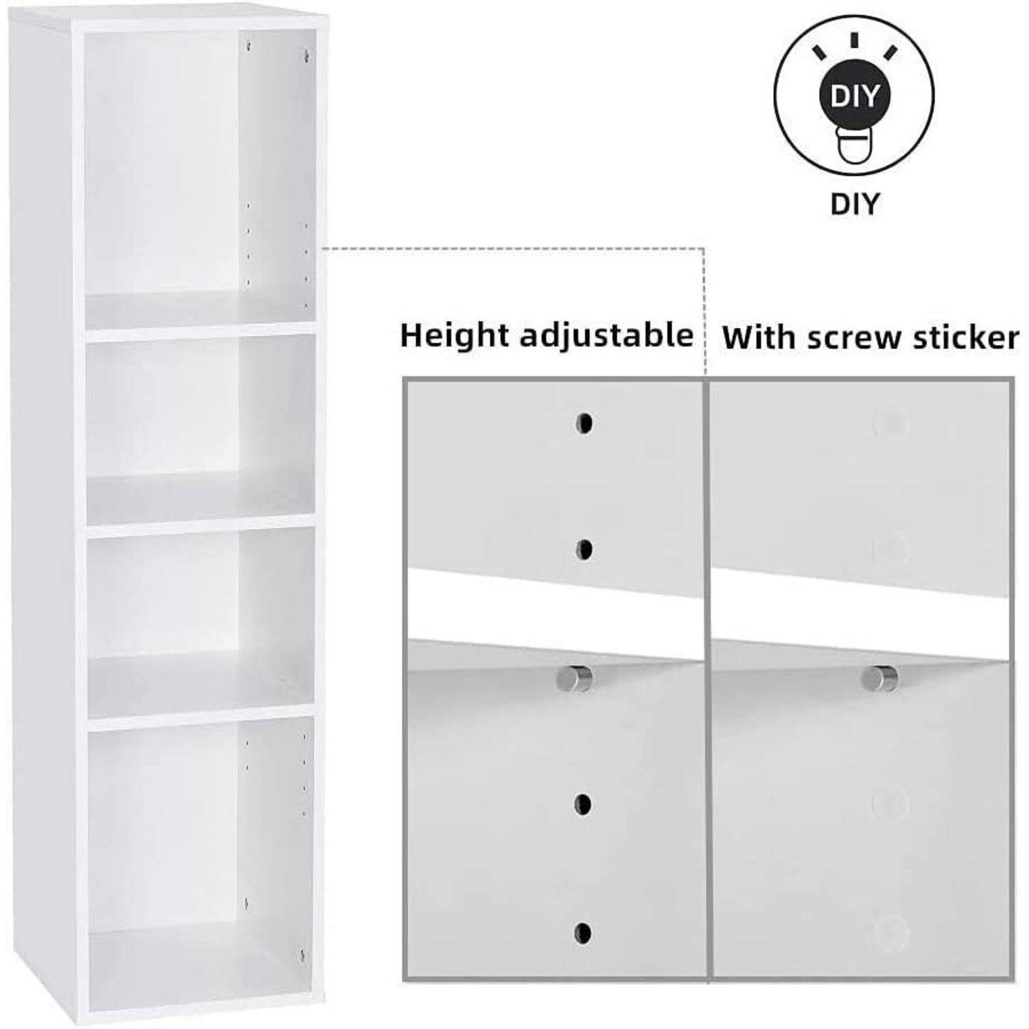 Weißer verstellbarer Regenschrank mit drei offenen Regalen, der DIY-Höhenverstellung und Optionen zur Schraubenaufkleber-Installation zeigt.