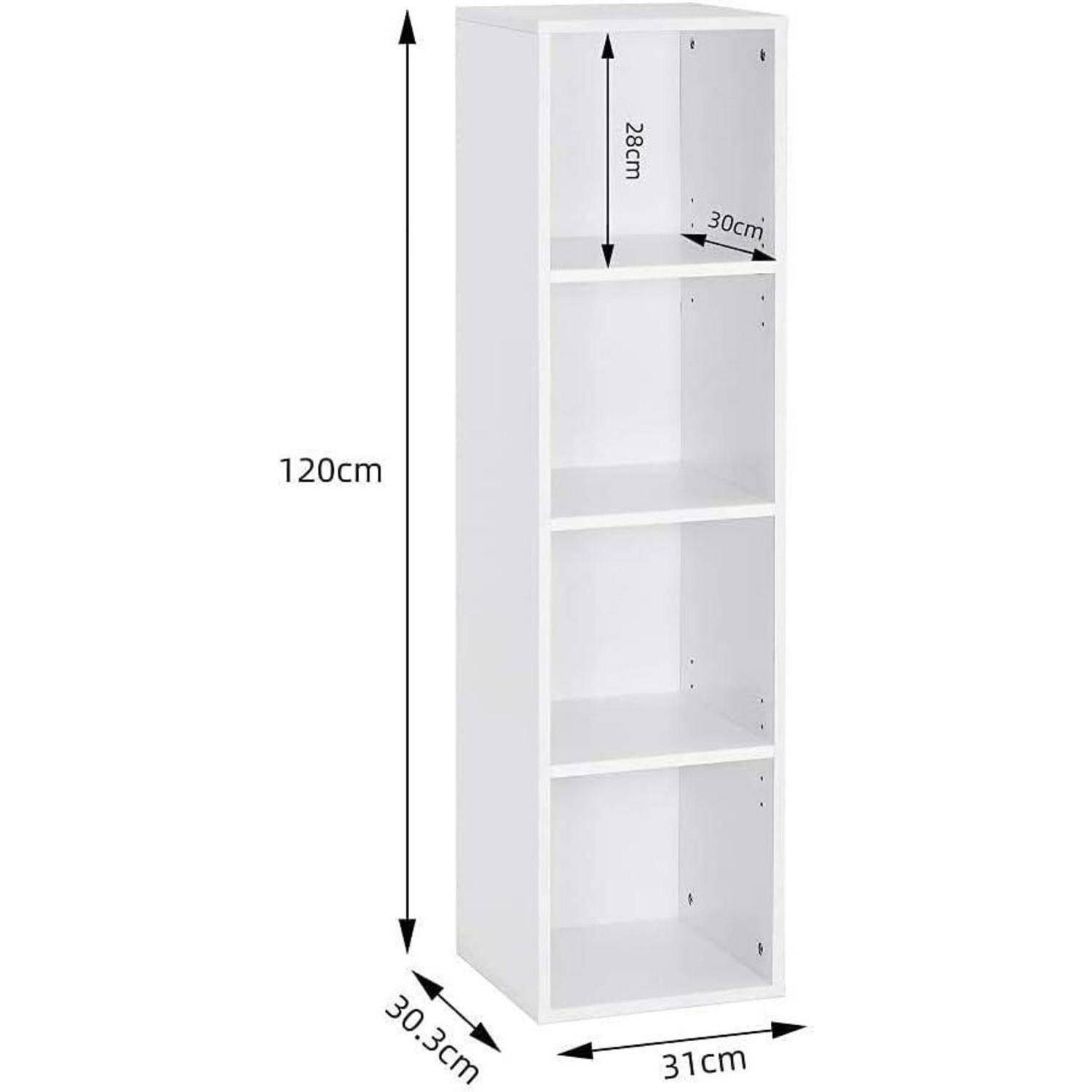 Weißer schmaler 4-Regal-Lagerschrank mit den beschrifteten Abmessungen 120 cm hoch, 31 cm breit, 30,3 cm tief und 28 cm Tiefe des oberen Fachs.