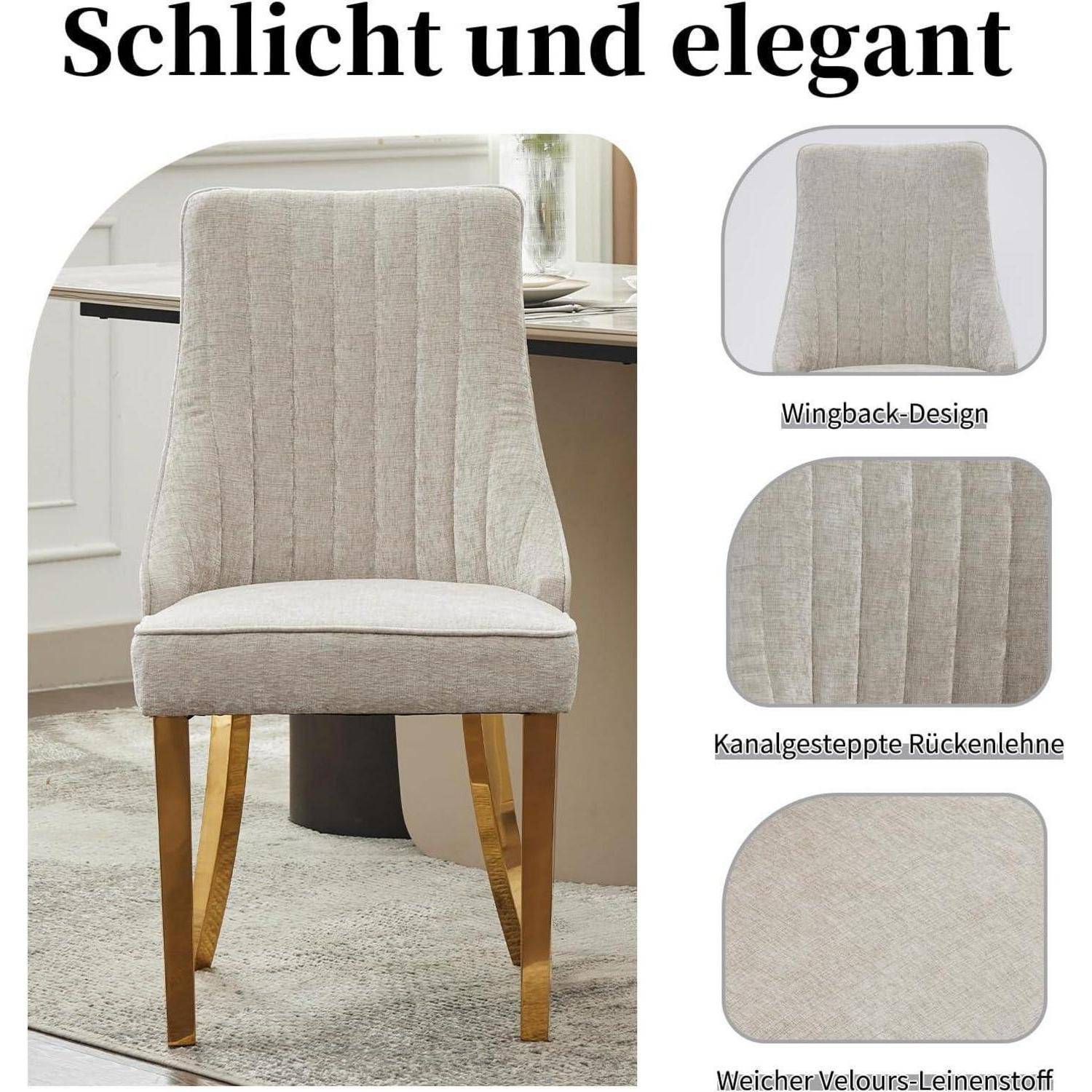 Hellbeige gepolsterter Esszimmerstuhl mit Ohrenbacken-Design und Holzbeinen, gezeigt in einem Zimmer; eingefügte Details zeigen die Rückenlehne und die Stofftextur.