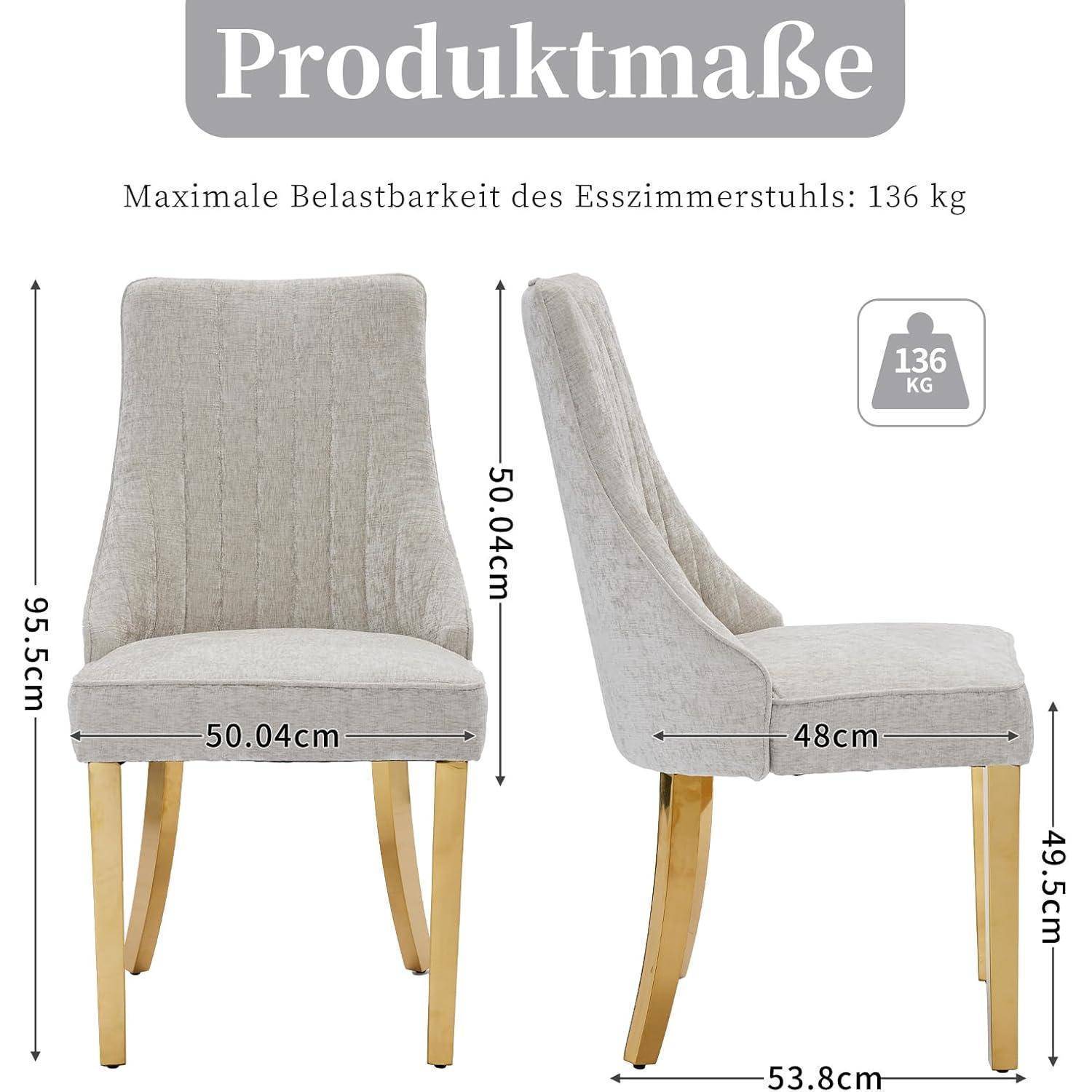 Produktabmessungen für einen gepolsterten Esszimmerstuhl: 95,5 cm hoch, 50,04 cm breit, 53,8 cm tief, Sitzhöhe 49,5 cm, maximale Belastung 136 kg.