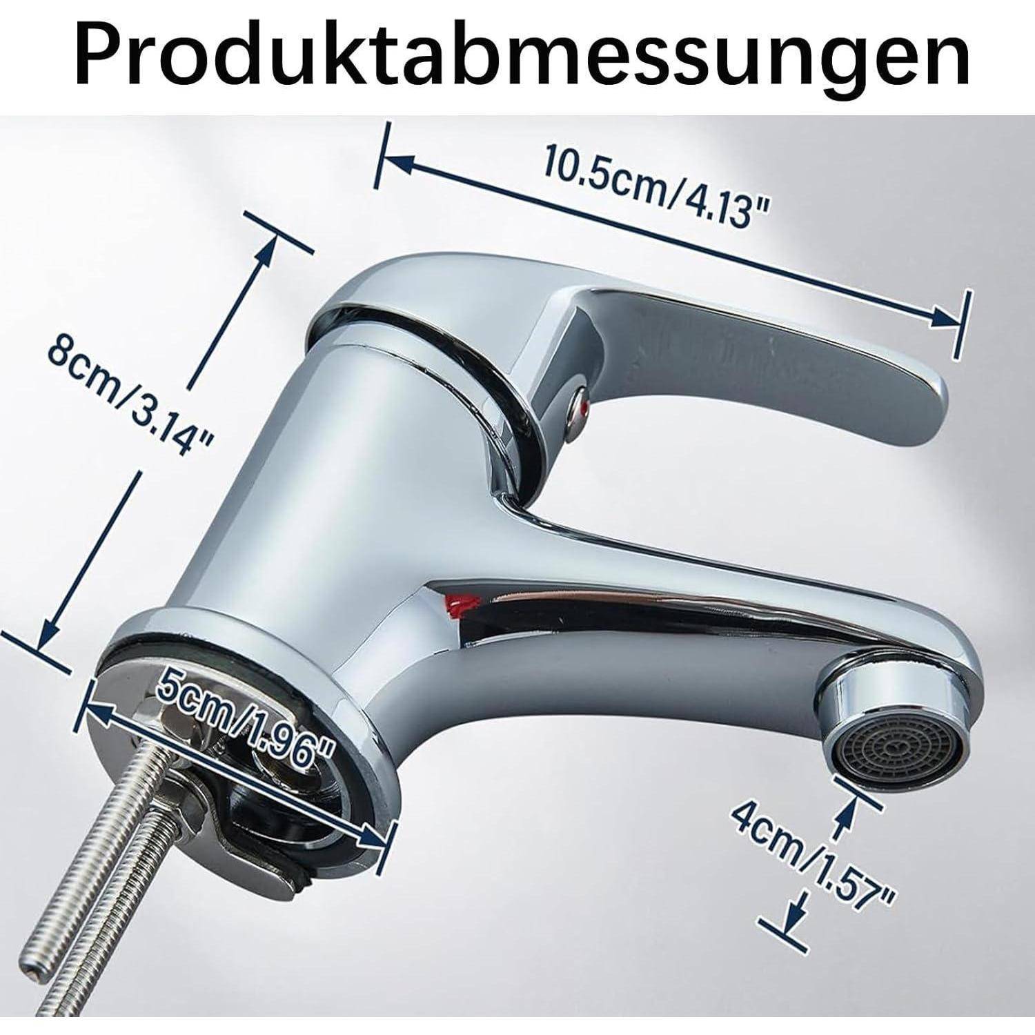 Produktabmessungen-Diagramm eines verchromten Badezimmerwasserhahns: 10,5 cm lang, 8 cm hoch, 5 cm Basisbreite und 4 cm Auslauffallhöhe.
