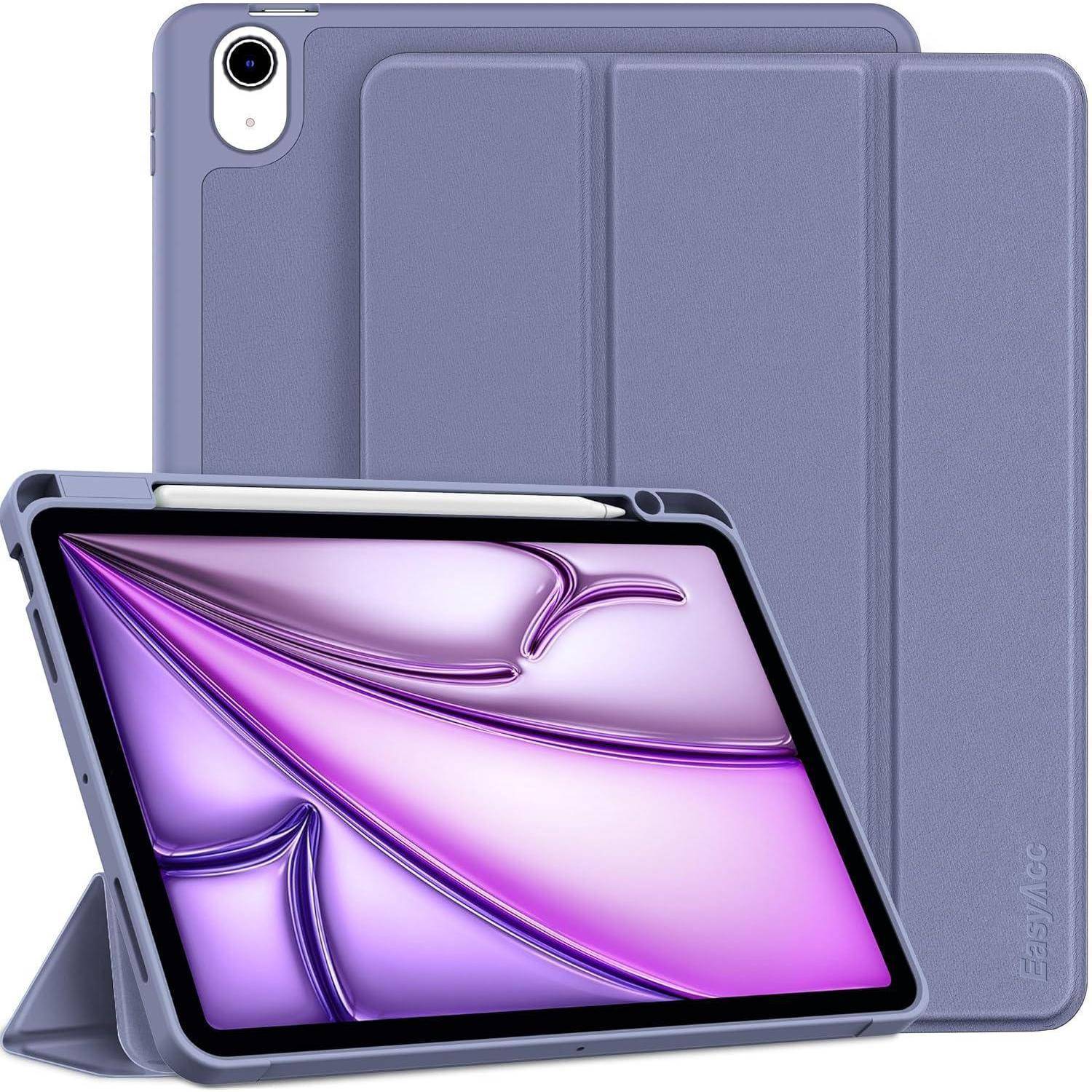 Violettes Tablet in einem Folio-Ständer-Gehäuse, geöffnet mit dem Bildschirm nach vorne gerichtet und einer passenden lavendelfarbenen Abdeckung dahinter.