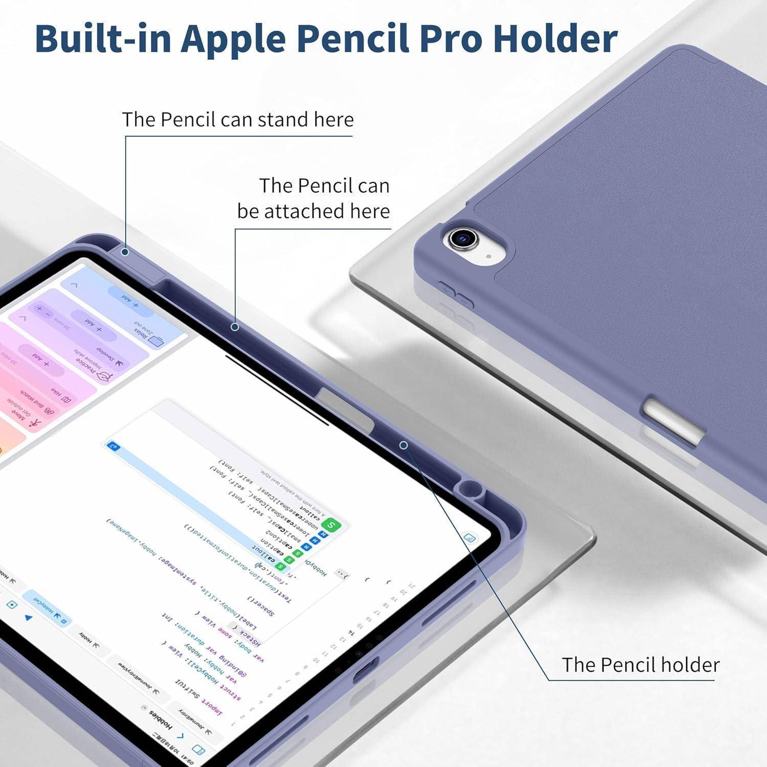 Werbegrafik einer Tablet-Hülle mit integriertem Apple-Pencil-Halter, die zeigt, dass der Stift aufgestellt oder in der Hülle befestigt werden kann.