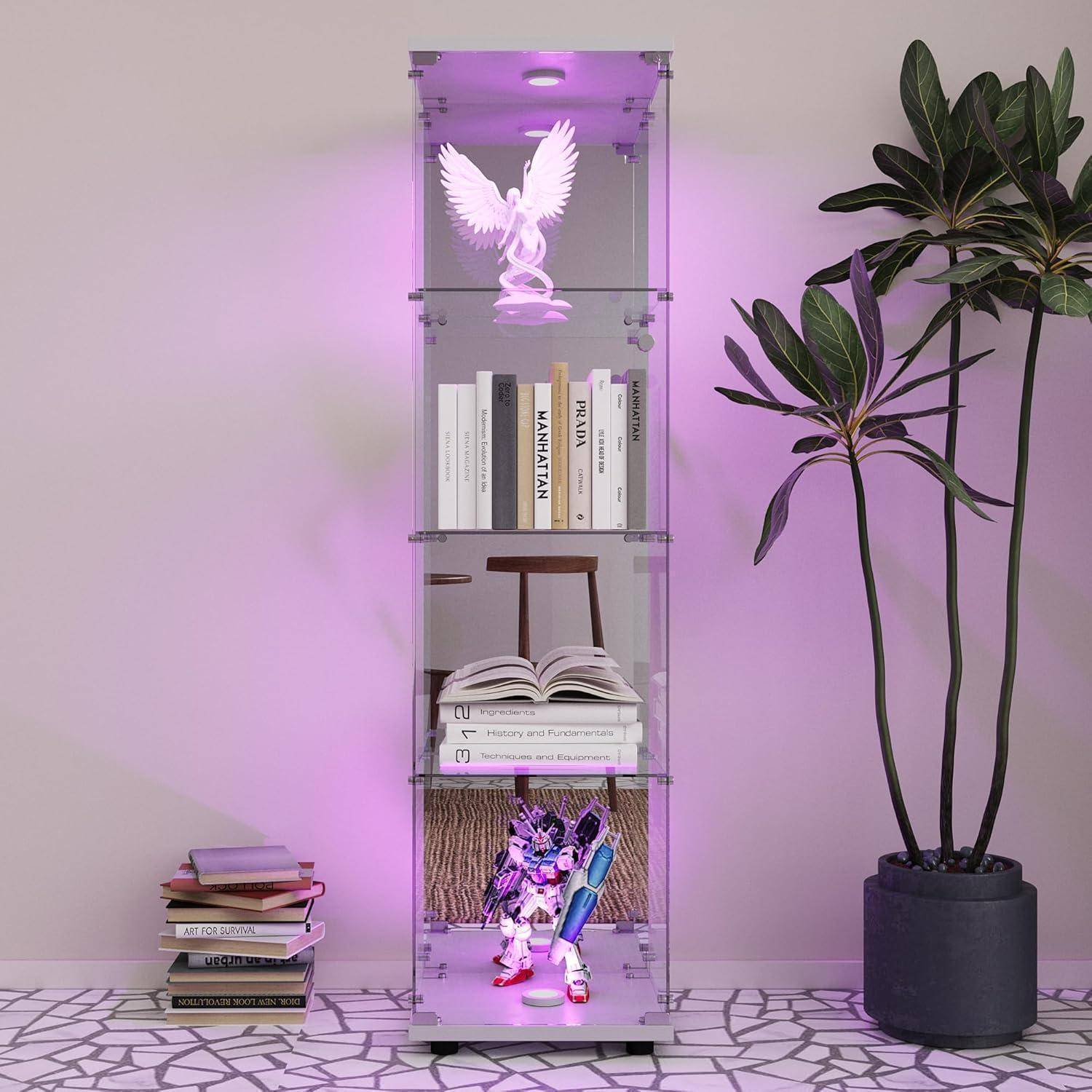 Glasvitrine mit Led Beleuchtung, Glas vitrinenschrank mit 1 Tür und 4 Lagen Sammlervitrine Glasvitrine Standvitrine für Wohnzimmer Büro Sammlerstü