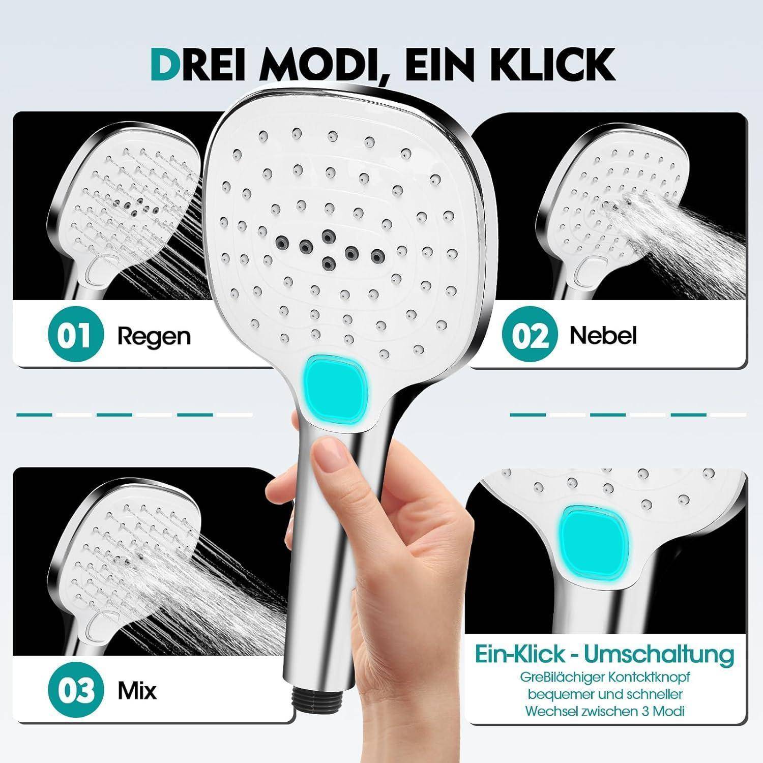 Duschkopf Hochdruck mit 3 Strahlarten（Nebel/Regen/Mix) 120cm Duschplatte Handbrause mit Ein-Klick-Umschaltung Wassersparend & Leistungsstark Duschbr