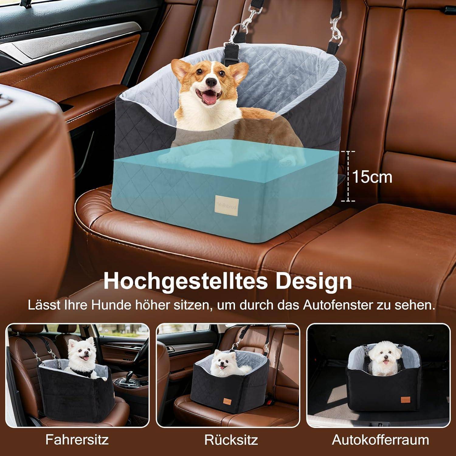 Werbeabbildung einer erhöhten Hundeautositz, die einen Corgi zeigt, der aus dem Fenster schaut, mit einer Höhe von 