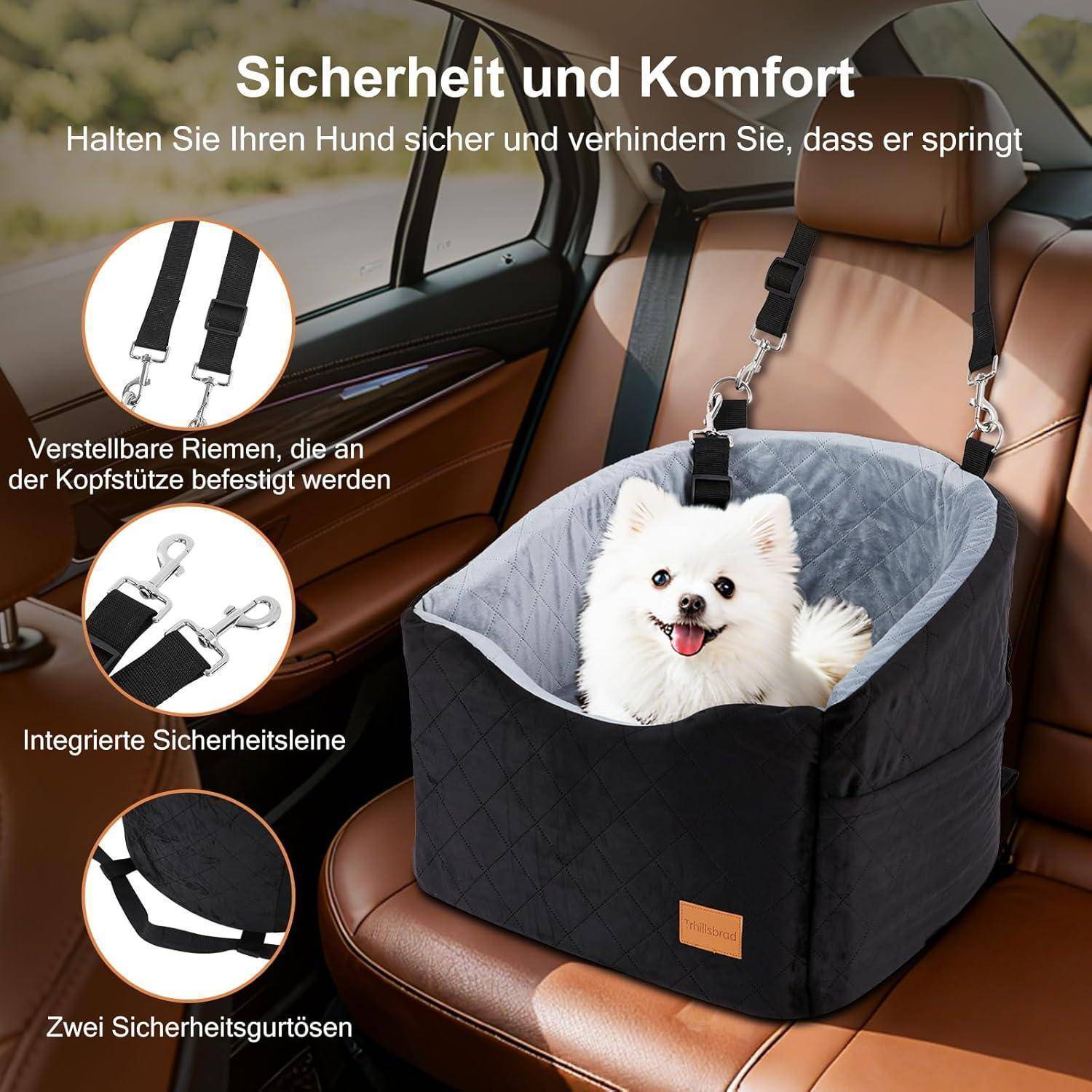 Autohundesitz mit kleinem weißem Hund, gesichert durch Riemen; deutscher Text bewirbt Sicherheit und Komfort mit verstellbaren Kopfstützenriemen, integrierter Leine und zwei Sicherheitsgurten.