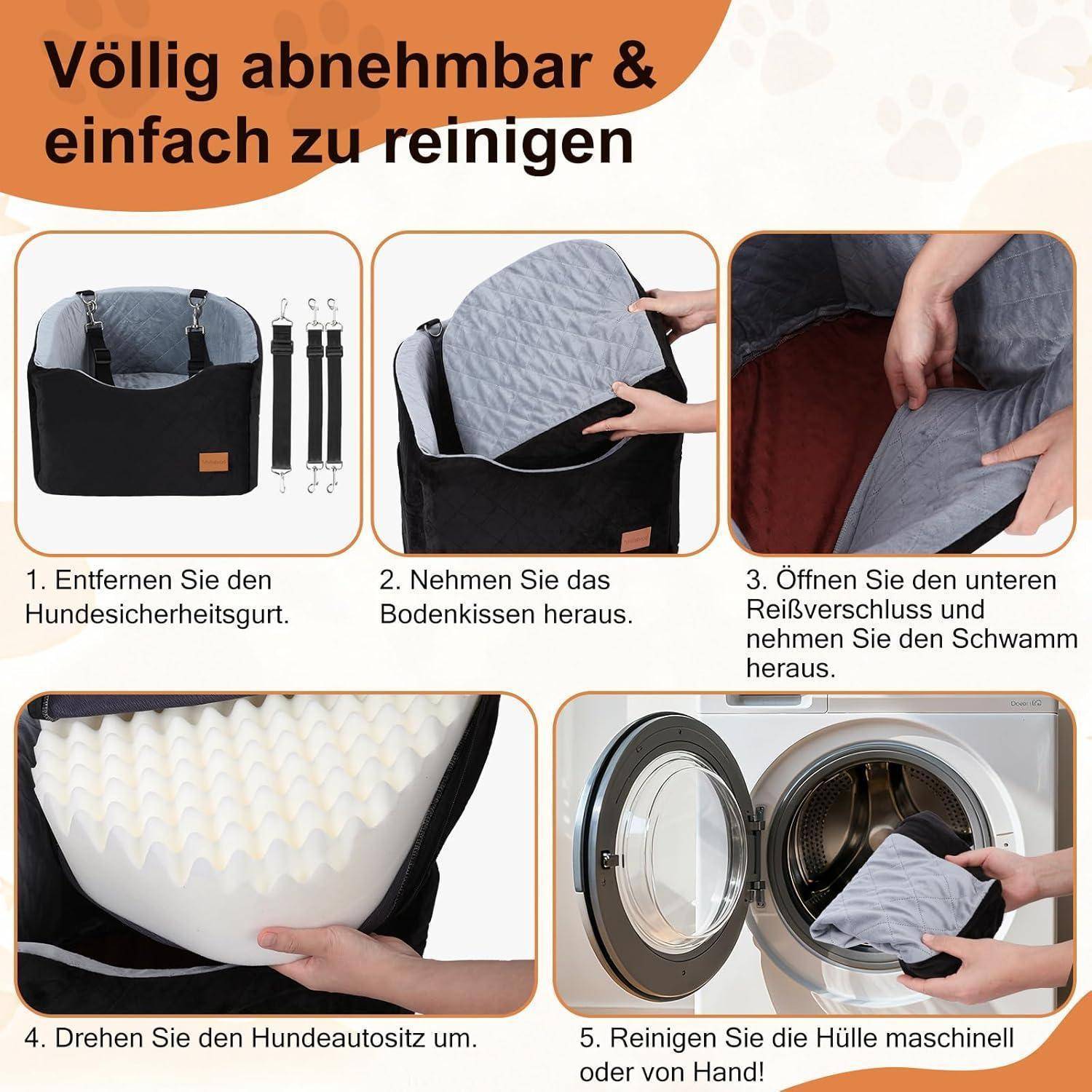 Infografik mit fünf Schritten für einen abnehmbaren, leicht zu reinigenden Hundeautositz: Sicherheitsgurt entfernen, Kissen herausnehmen, Bodenschieber öffnen, Schaumstoff entfernen, Bezug in der Maschine waschen.