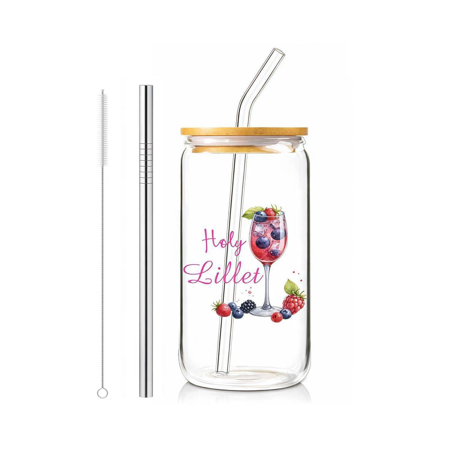 Glastumbler mit Holzdeckel und Glasstrohhalm, bedruckt mit „Holy Lillet