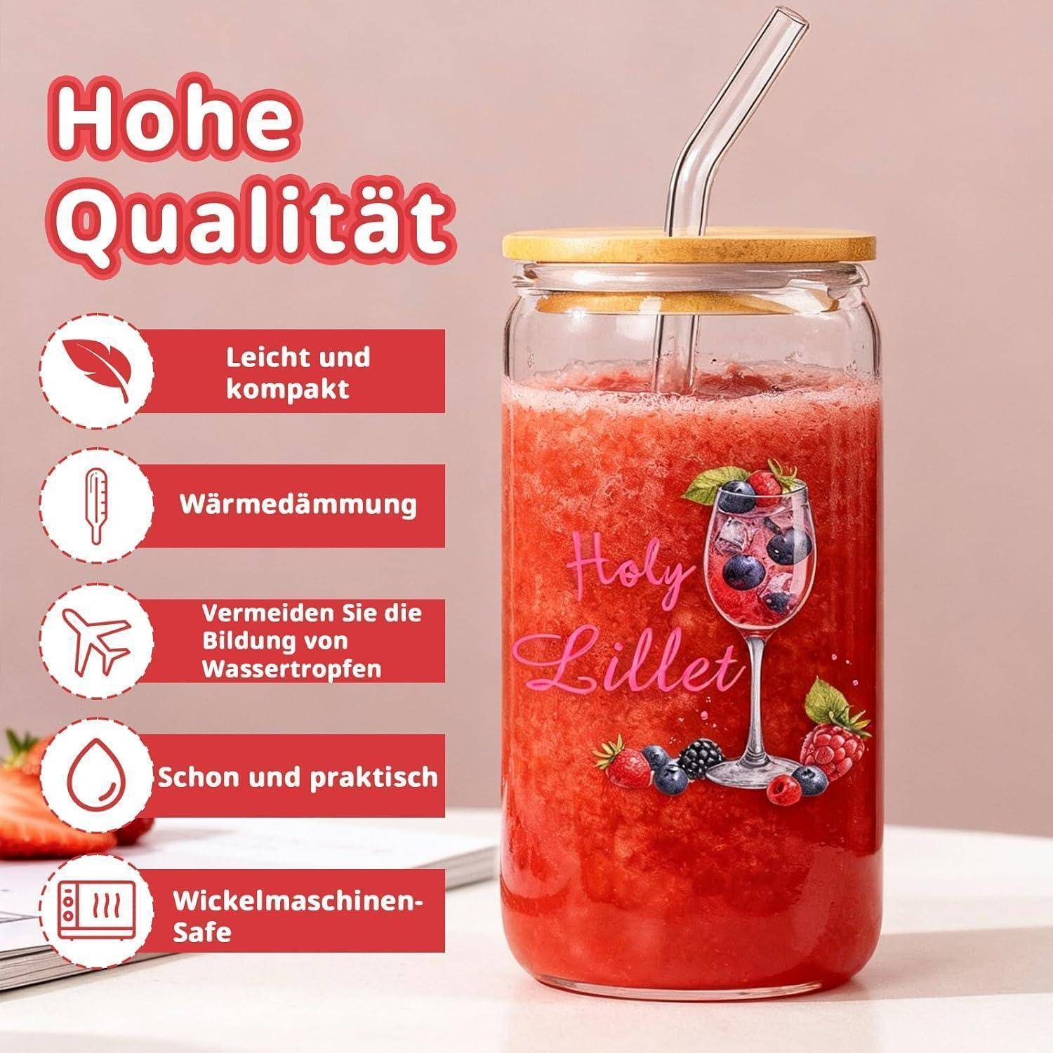 Illustrierter Strohhalm-Becher mit Deckel und Glaskörper gefüllt mit rotem Getränk; Deutsche Beschriftungen führen Eigenschaften auf: leicht und kompakt, Isolierung, keine Kondensation, sanft und praktisch, spülmaschinenfest.
