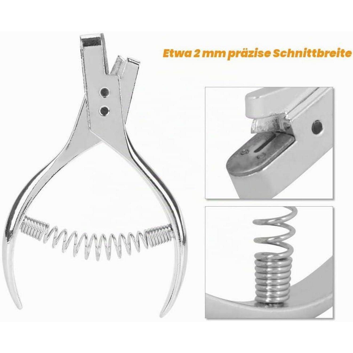 Metallnagelknipser mit Feder, gezeigt mit Nahaufnahmen der Schneidekante und des Scharniers; Text sagt „Etwa 2 mm präzise Schnittbreite" (etwa 2 mm präzise Schnittbreite)