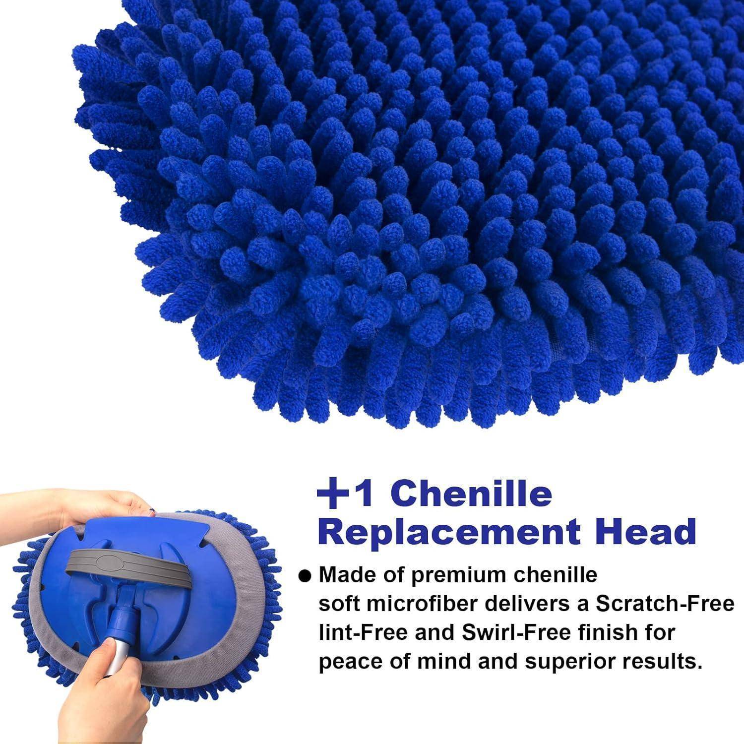 Produktbild mit einem blauen Chenille-Ersatz-Mopkopf und Griff, gekennzeichnet mit „+1 Chenille-Ersatzkopf