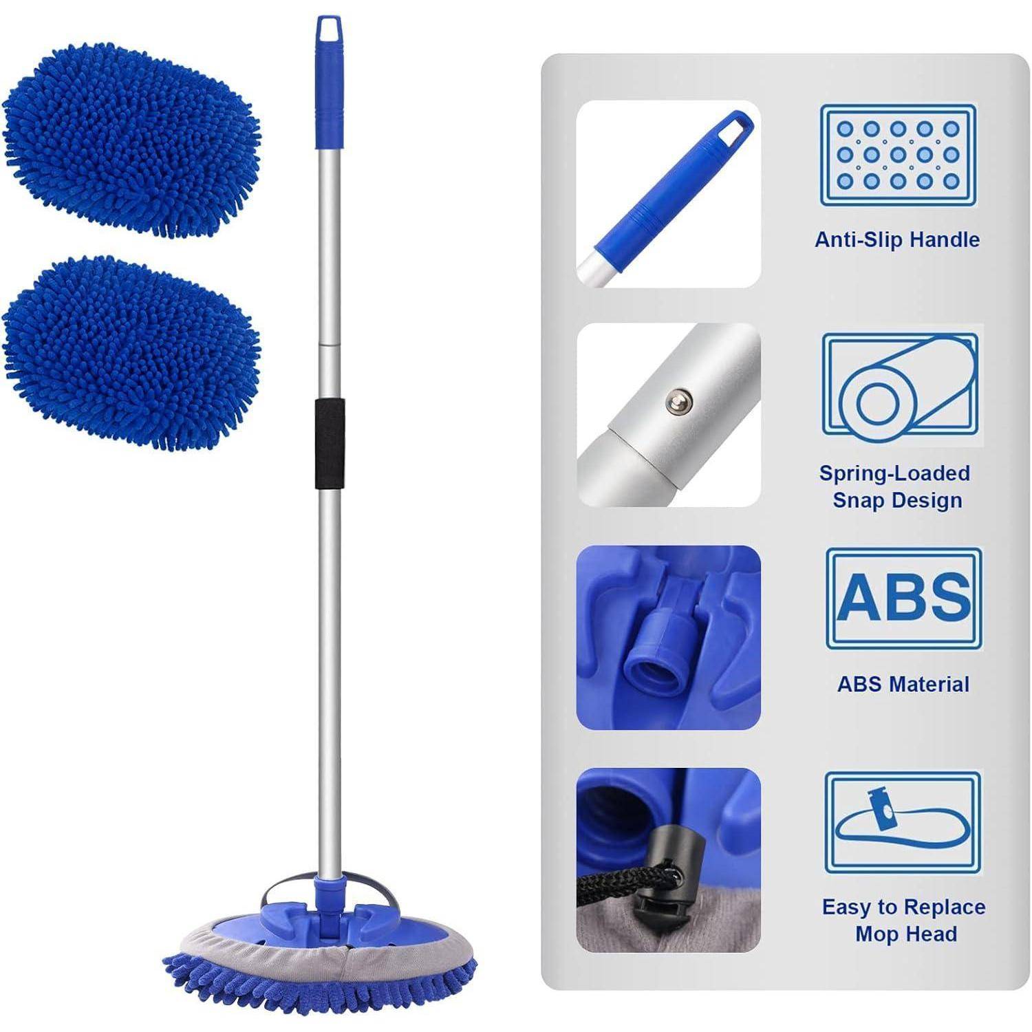 Produktbild eines blauen Mopps mit zwei Mikrofaser-Ersatzköpfen, das folgende Merkmale zeigt: rutschfester Griff, federbelastetes Schnappdesign, ABS-Material und leicht austauschbare Mopfköpfe.