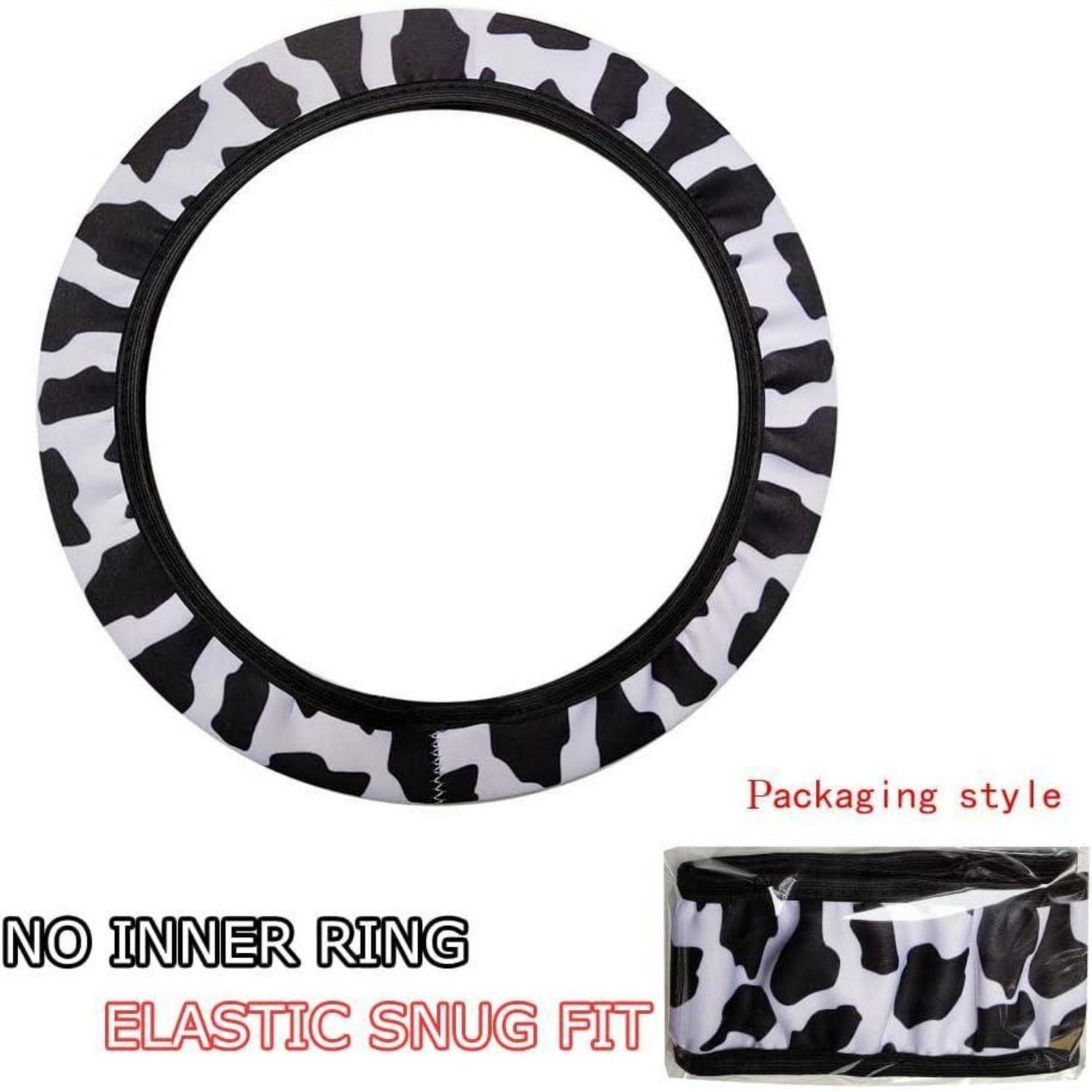 Schwarz-weiße Zebra-Muster-Elastische Lenkradhülle ohne inneren Ring, gekennzeichnet mit „NO INNER RING" und „ELASTIC SNUG FIT"", gezeigt mit Verpackung.