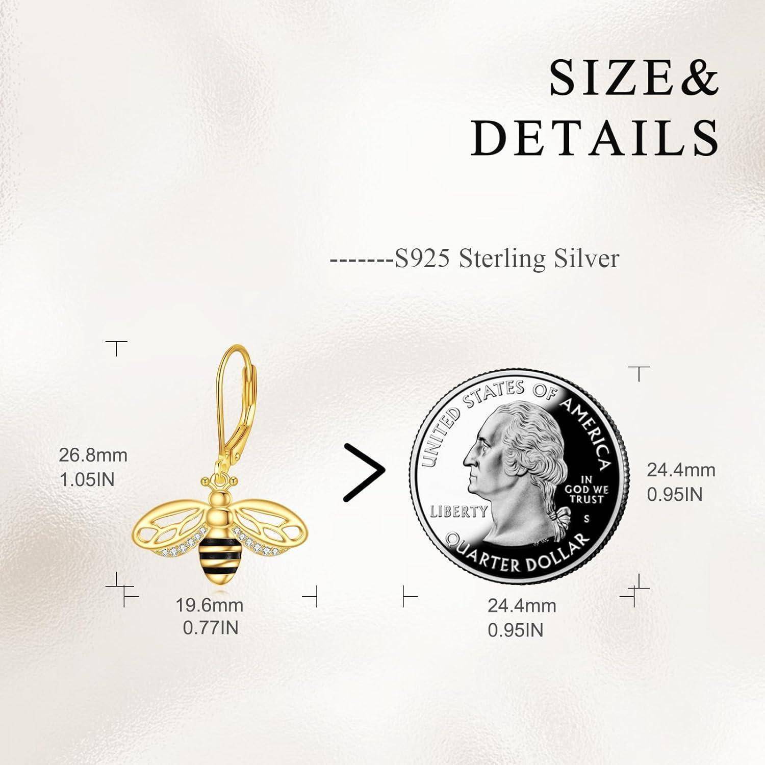 Größen- und Detailgrafik für einen S925-Sterlingsilber-Bienen-Ohring, der kleiner als ein US-Cent ist und mit Abmessungen in Millimetern und Zoll beschriftet ist.