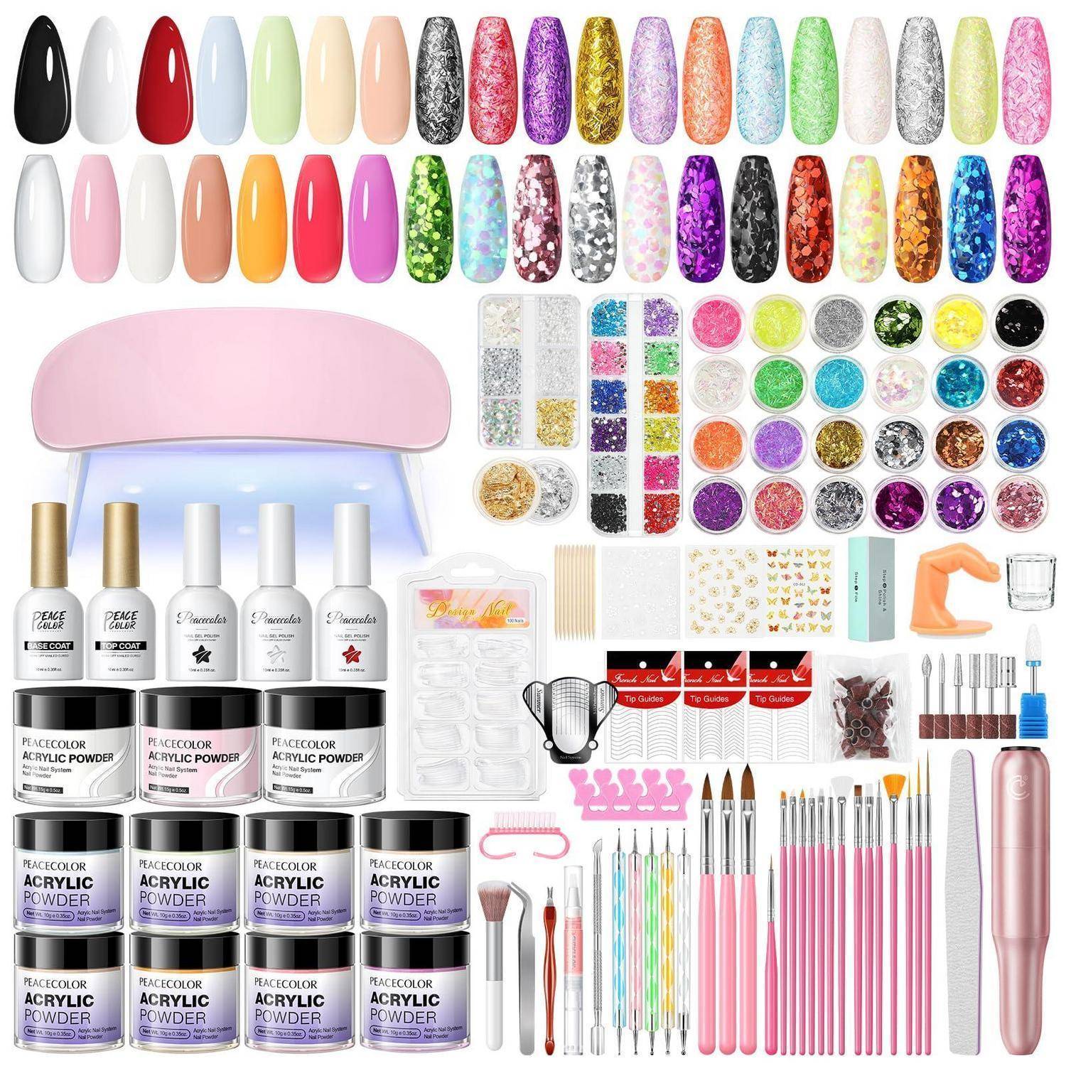 Ein Nagelkunst-Acryl-Starterset mit vielen Farbmustern, Glitzerpudern, Gelen, Pinseln, Werkzeugen, Nagelspitzen, Aufklebern und einer UV-Lampe.