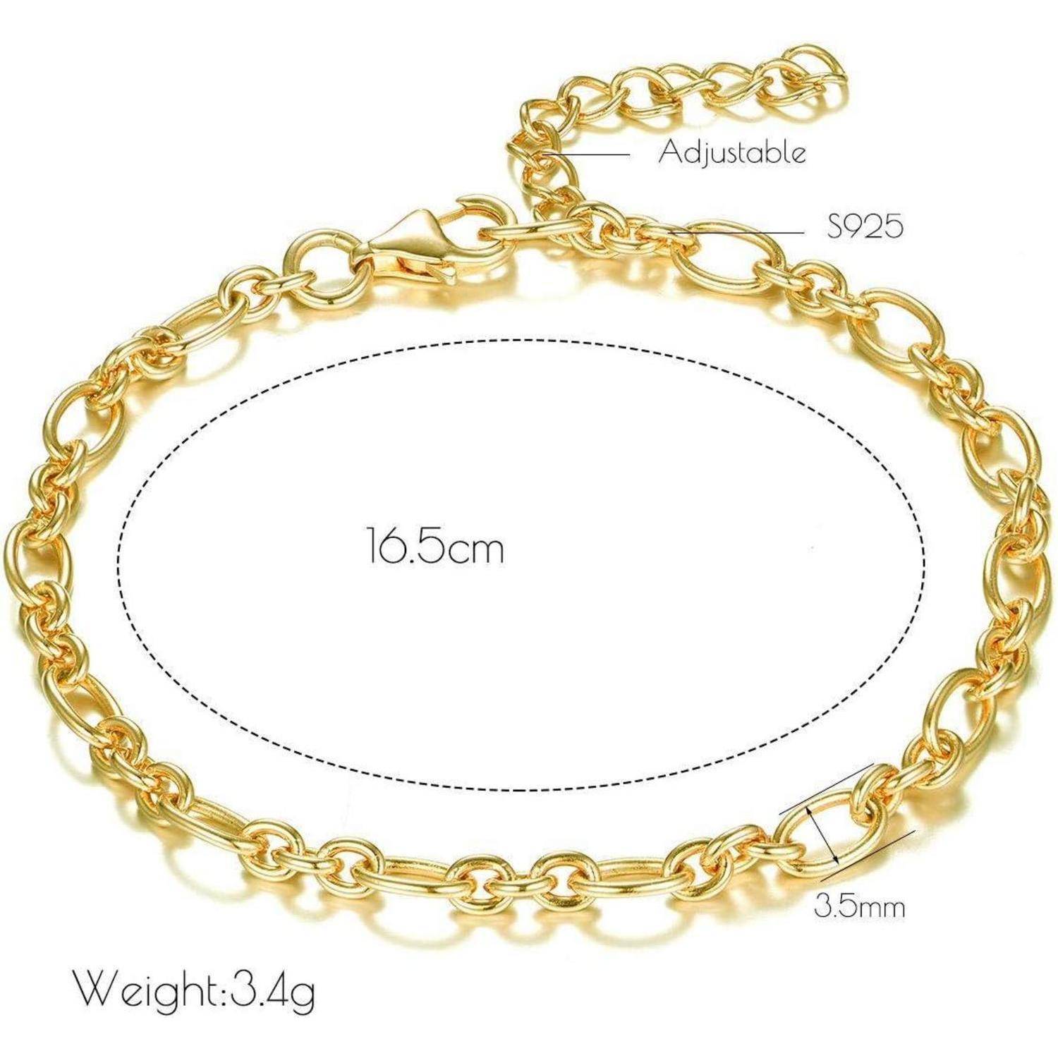 Gold S925 verstellbares Kettenarmband mit Abmessungen von 16,5 cm Länge, 3,5 mm Breite und einem Gewicht von 3,4 g.