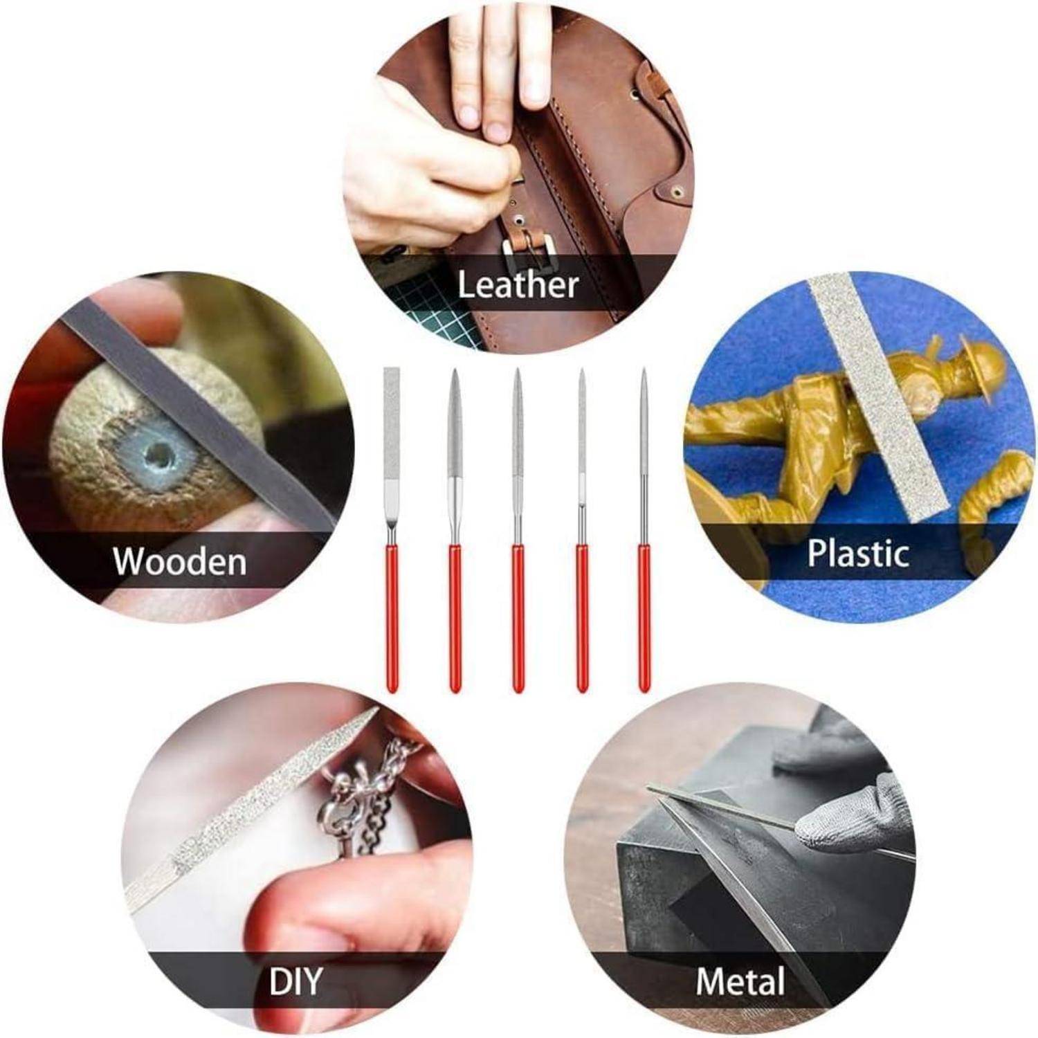 Fünf rote Feilenhiebe, dargestellt zur Verwendung auf Leder, Holz, Kunststoff, DIY und Metall, mit beispielhaften Nahaufnahmen der Anwendungen in gekennzeichneten Kreisen.