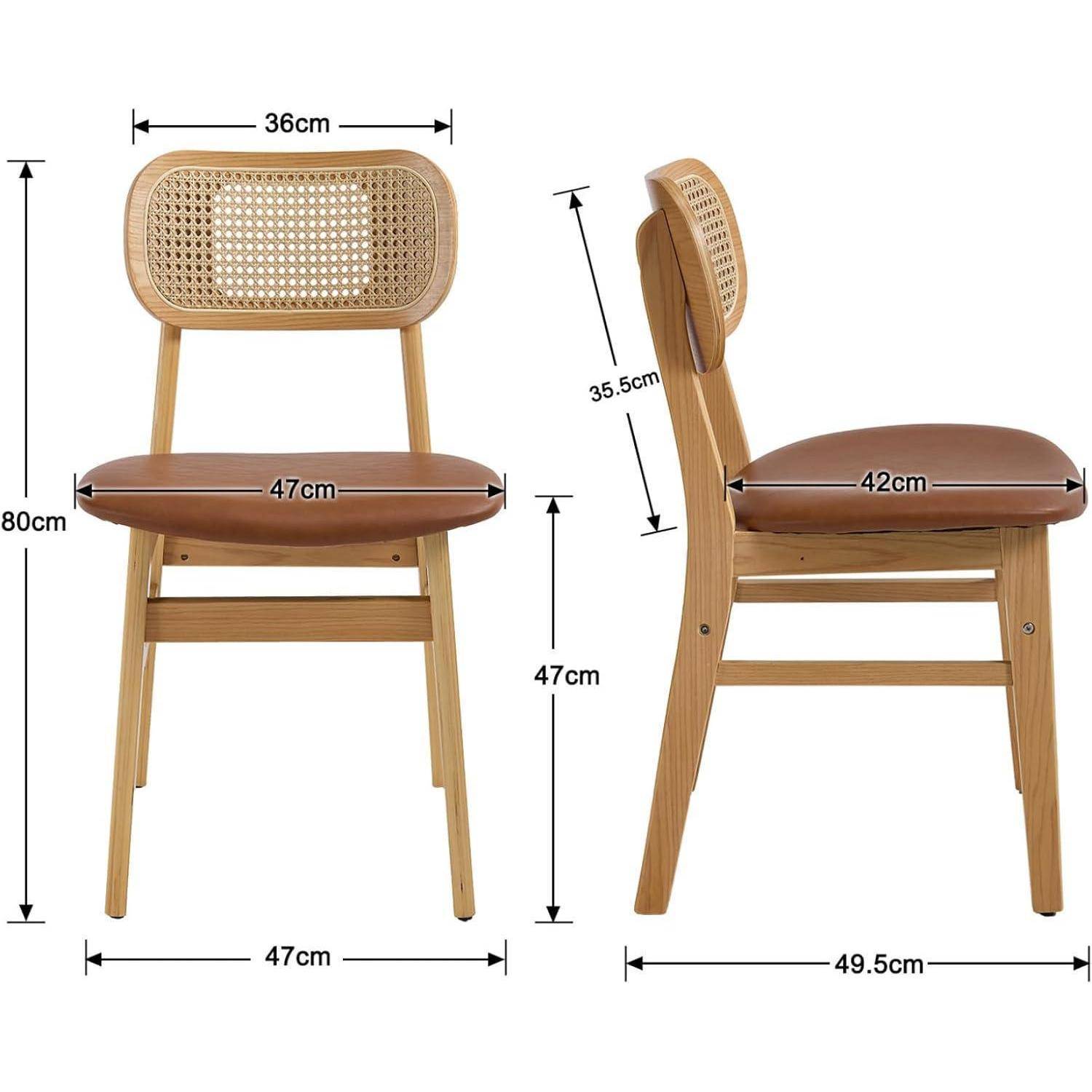 Holzstuhl mit gewebter Rückenlehne und braunem Sitz, gezeigt in Vorder- und Seitenansicht mit beschrifteten Abmessungen: 80 cm Höhe, 47 cm Sitzbreite, 49,5 cm Tiefe.