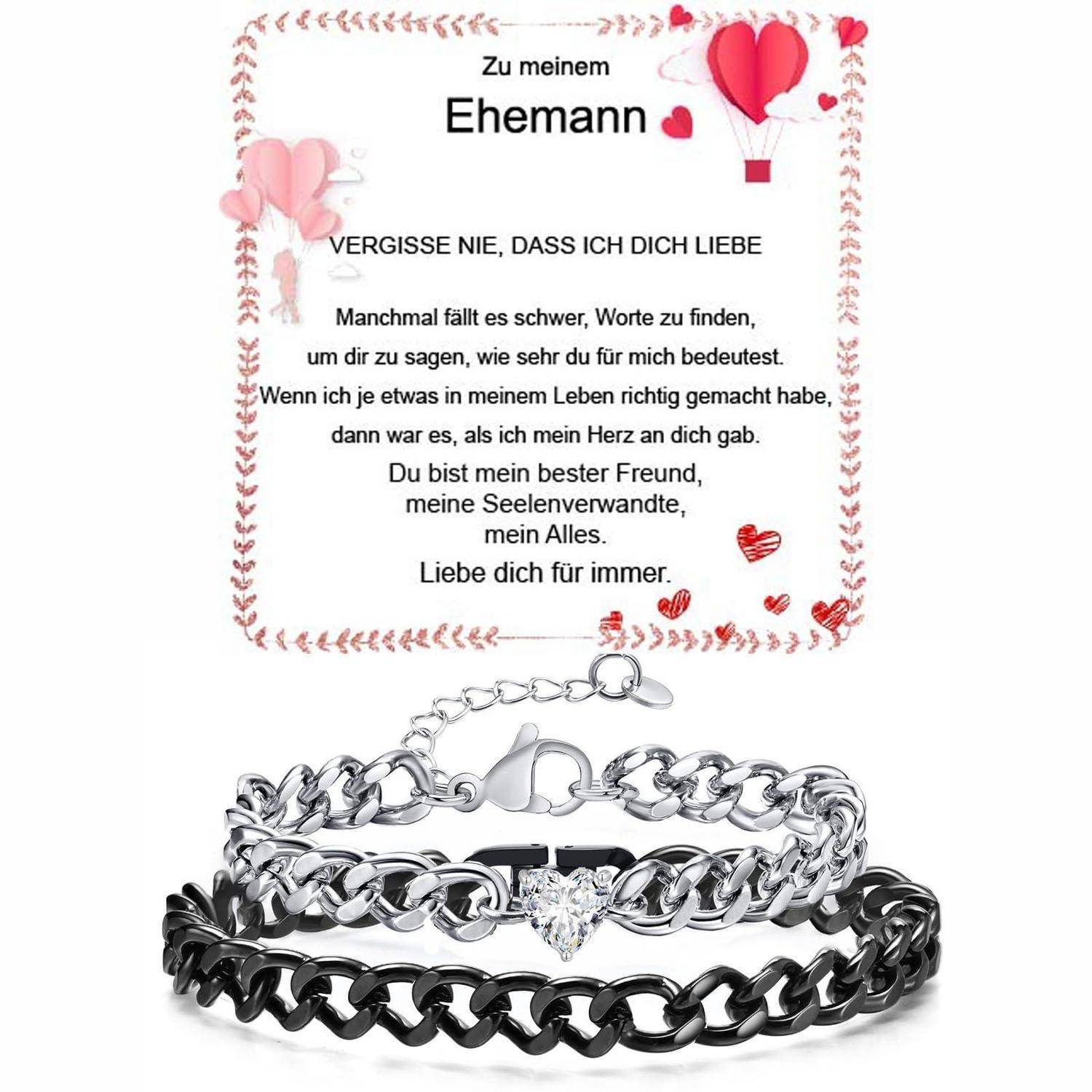 Geschenkset für Ehemann mit einer herzlichen deutschen Liebesbotschaft-Karte und zwei Kettnenarmbändern, eines silbern und eines schwarz, mit Herz-Verschluss.