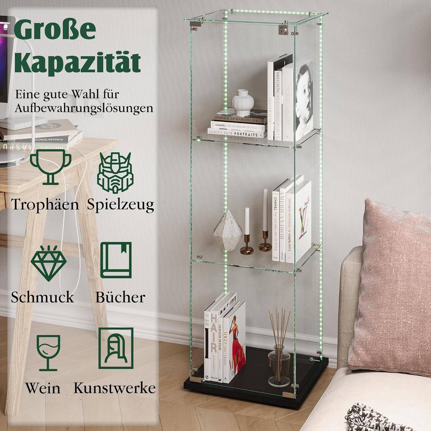 Glasvitrine Standvitrine mit LED Beleuchtung, Glasvitrine Stehend mit 3 Glasböden &amp; 1 Glastüren abschließbar, Vitrinenschrank für Wohnzimmer Büro