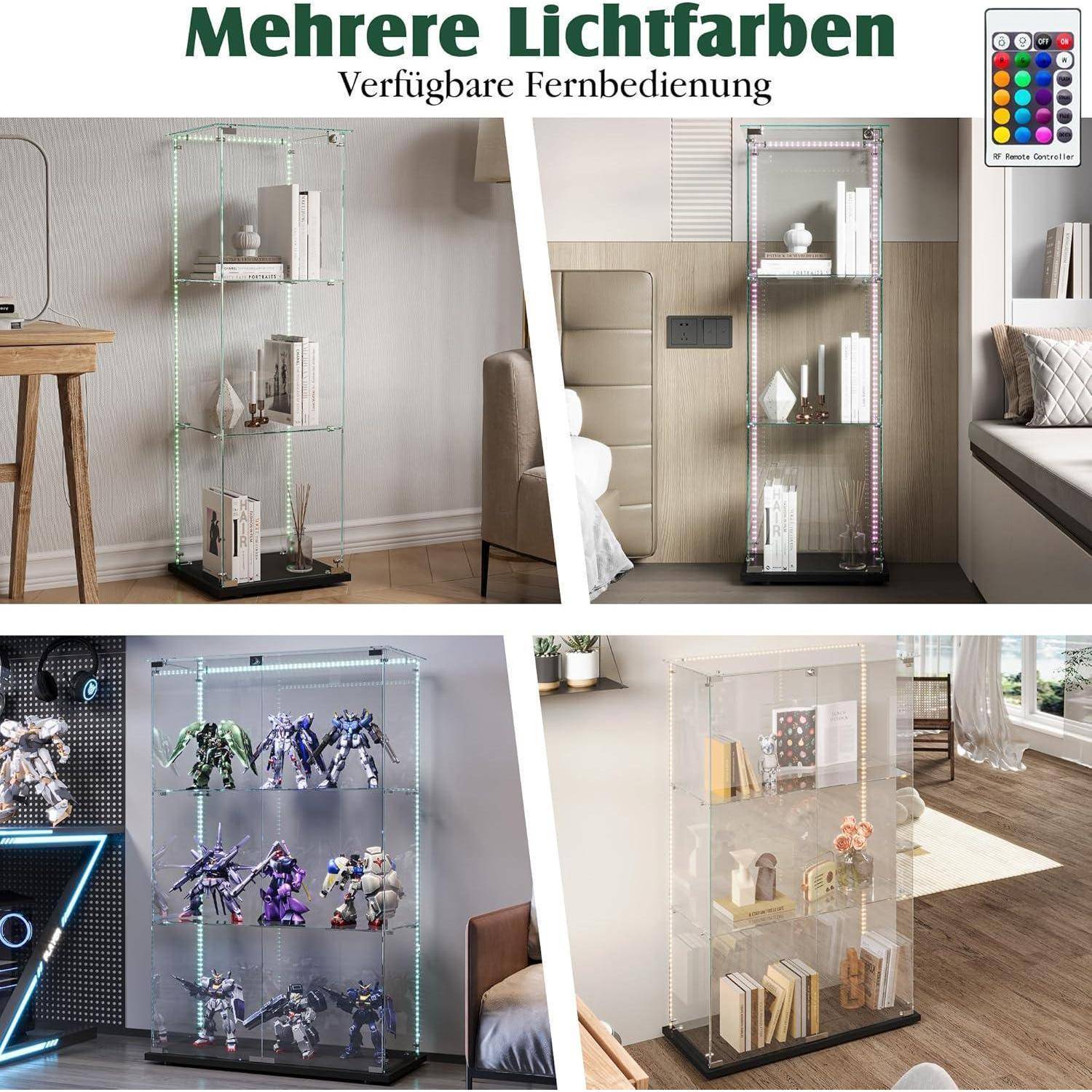 Glasvitrine Standvitrine mit LED Beleuchtung, Glasvitrine Stehend mit 3 Glasböden &amp; 1 Glastüren abschließbar, Vitrinenschrank für Wohnzimmer Büro