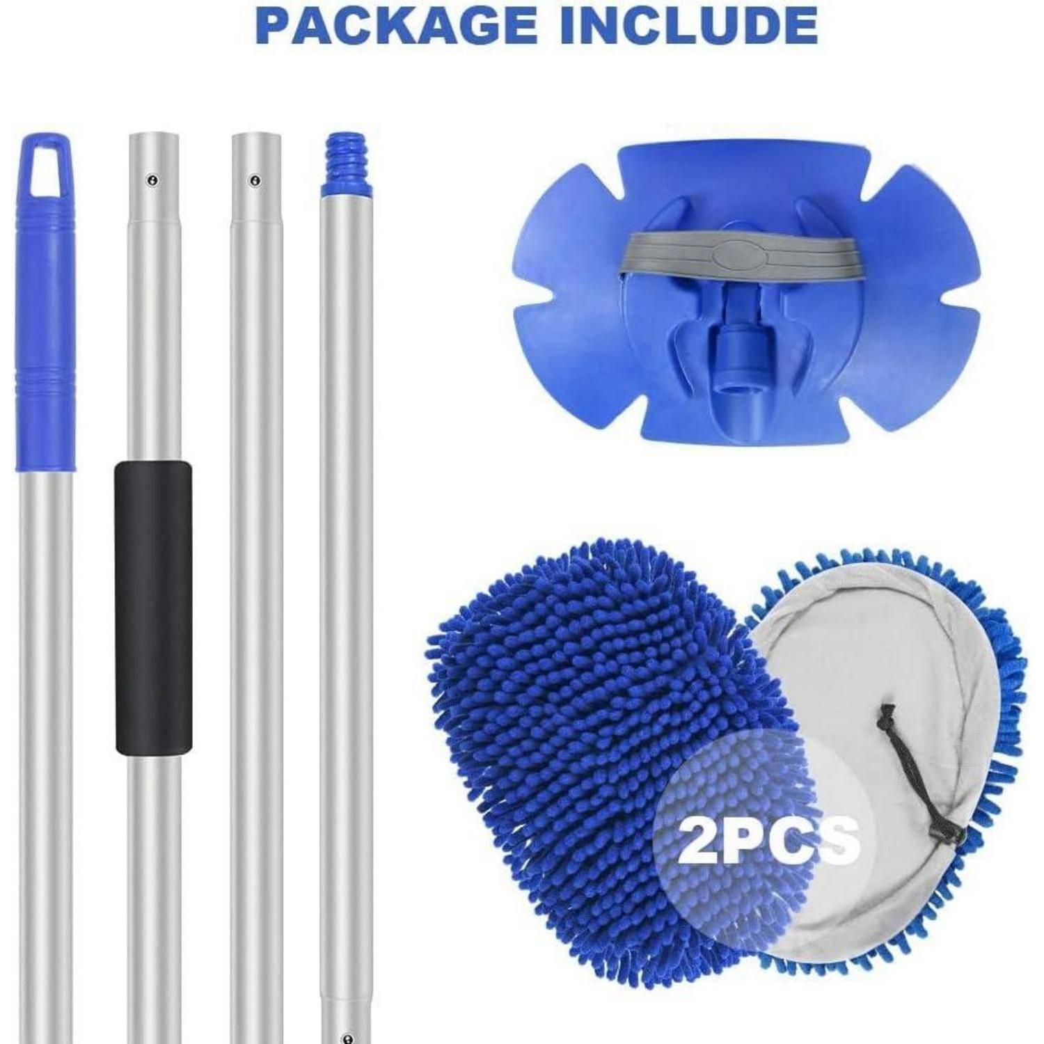 Paketinhalt gezeigt: drei silberfarbene Stangen mit blauem Griff und zwei blaue Chenille-Mopköpfe, gekennzeichnet mit „2PCS".
