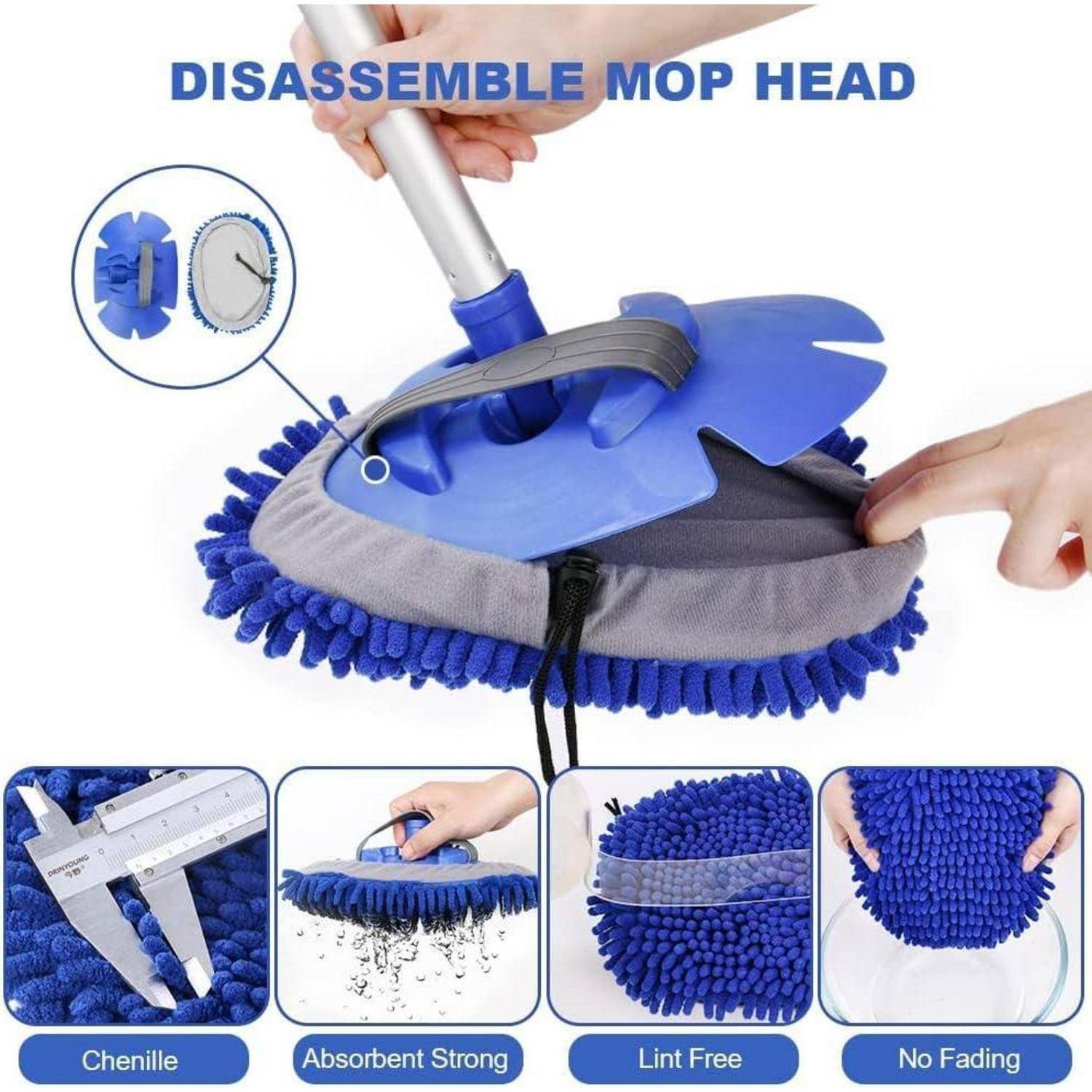 Diagramm, das einen blauen Mopkopf zeigt, der auseinandergenommen wird, mit der Beschriftung „MOPKOPF AUSEINANDERNEHMEN", mit vier Funktionshinweisen: Chenille, Absorbent Strong, Fusselfremd und Kein Verblassen.